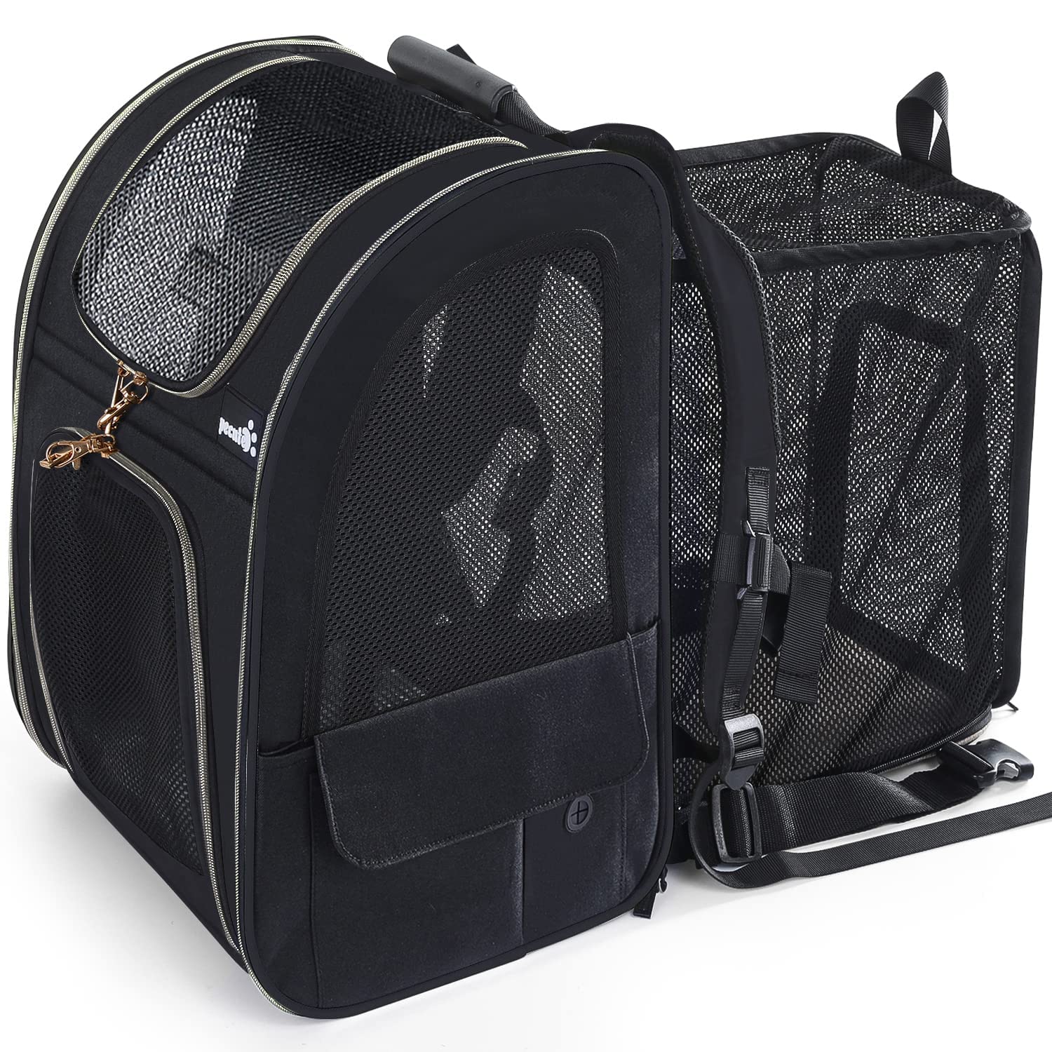 Pecute Transportin Gato Mochilas para Gatos y Perro Bolsa para Mascotas Expandible y Plegable, Carga Máxima 6 kg, para Viajar en Tren/automóvil/Restaurante/avión, Gris (Negro, Ventana de Malla)