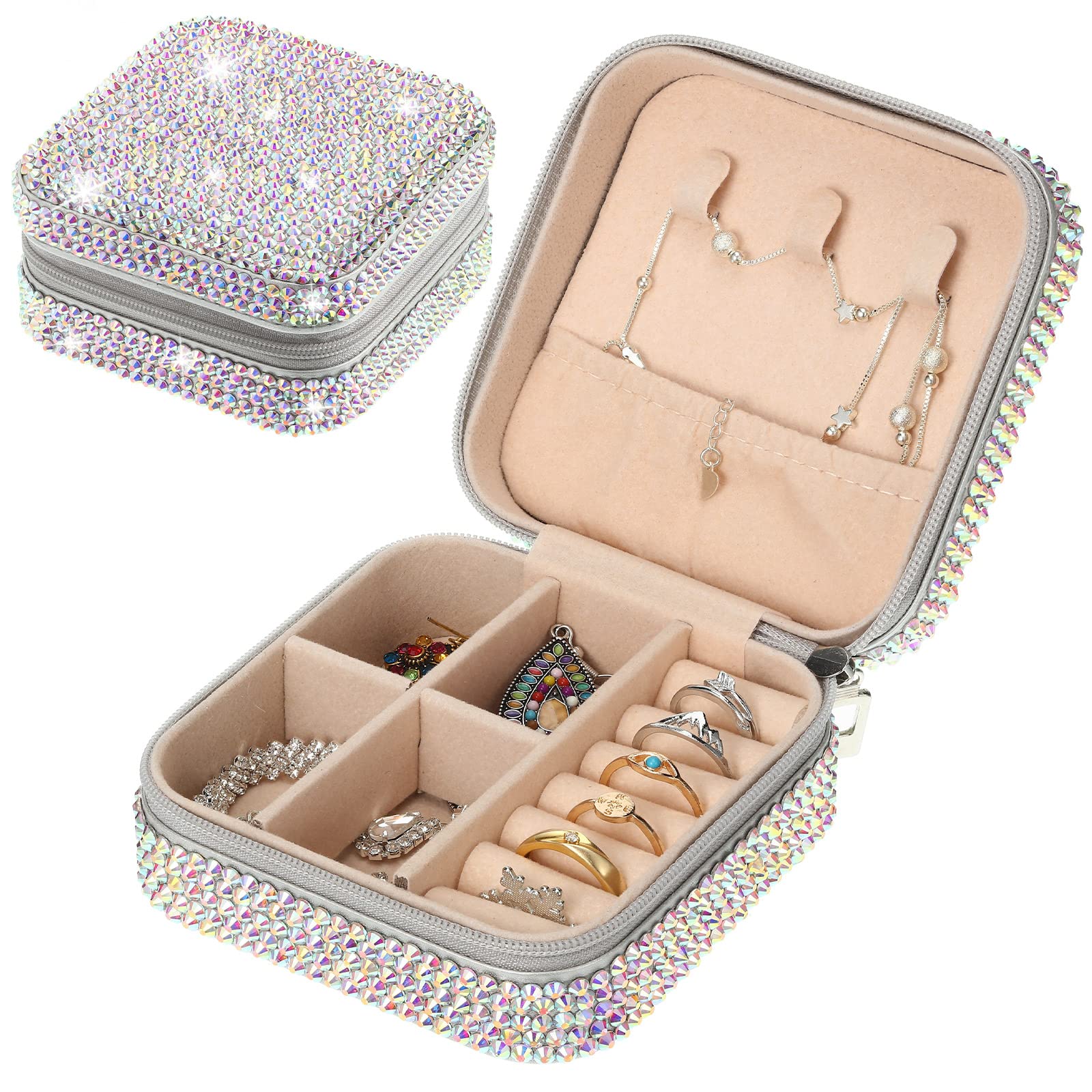 Highergo 2 Pcs Luxurious Rhinestone Jewelry Case PU Leather Jewelry Organizer Travel Jewelry Box Luxury Bling Decor Dazzling Portable Accessory Pouch for Women Girl Ring Necklace Earring Bracelet