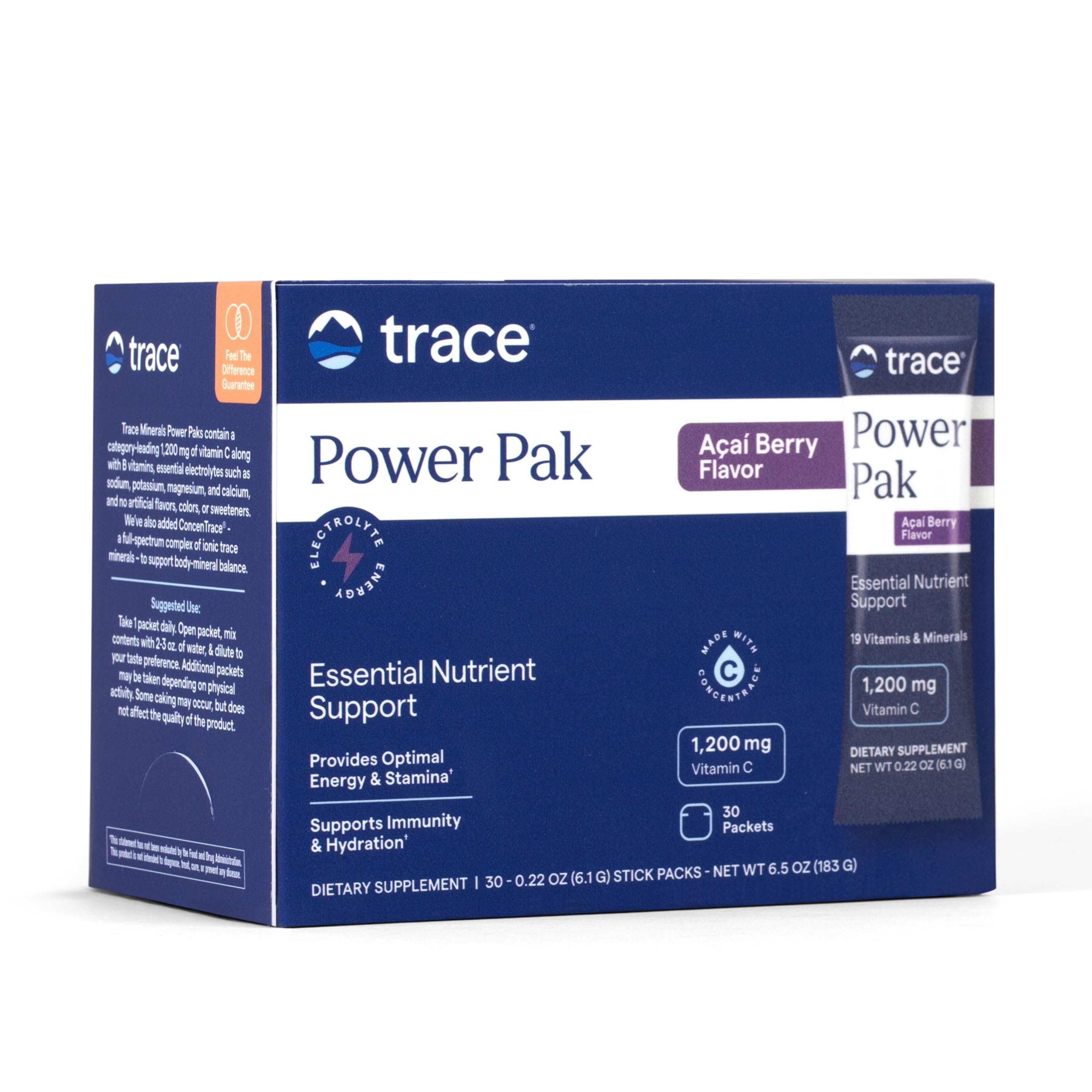Trace Minerals Power Pak Multivitamin and Multimineral Packets - Electrolyte Support - 1200 mg Vitamin C plus 70+ Trace Minerals - Acai Berry Flavor - 30 Packets