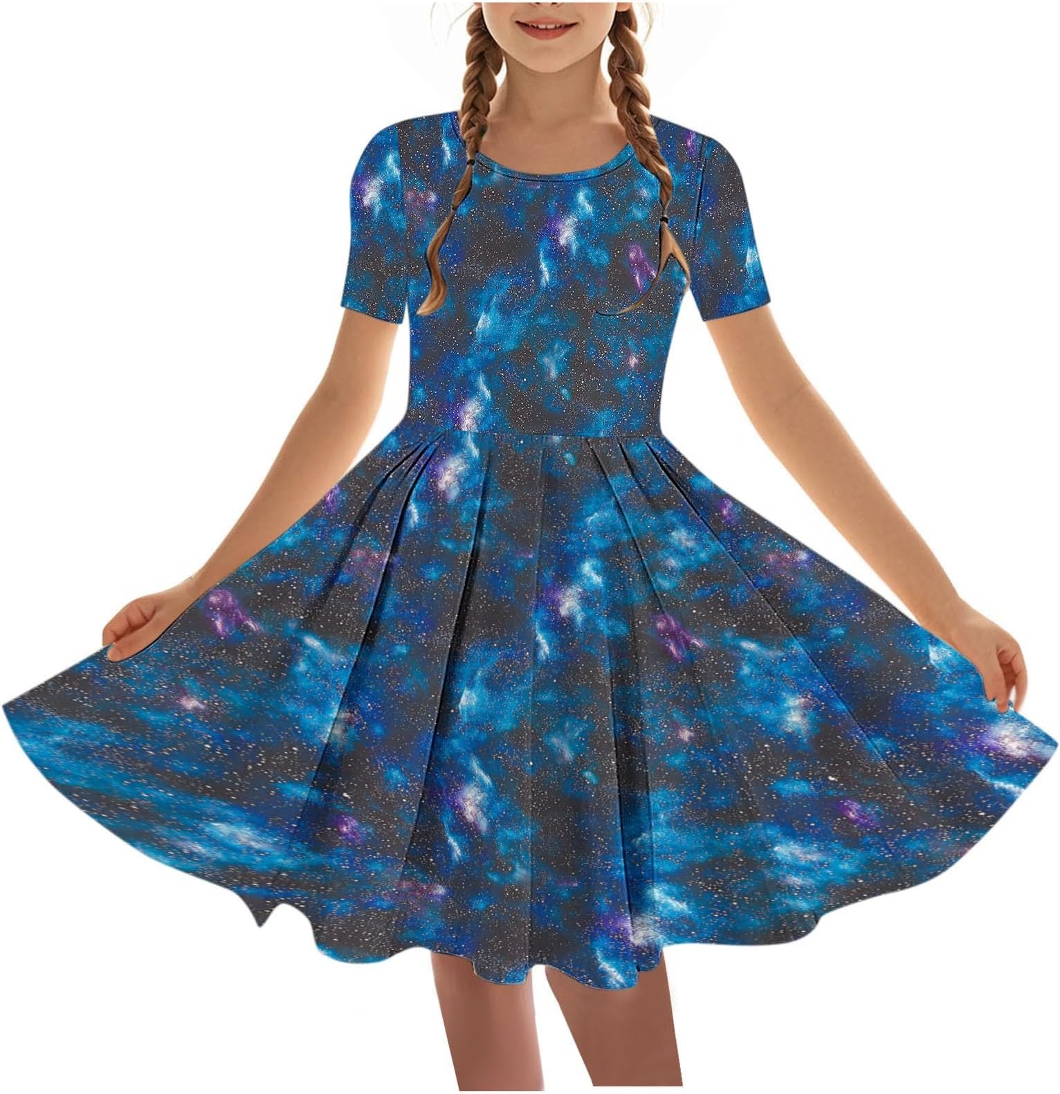 Girls Dress Short Sleeve A Line Ballet Dance Dresses Swing Twirly Summer Casual Tshirt Dress Kids Elegant Stretchy School Midi Sundress Cute Printed Round Neck Party Dresses