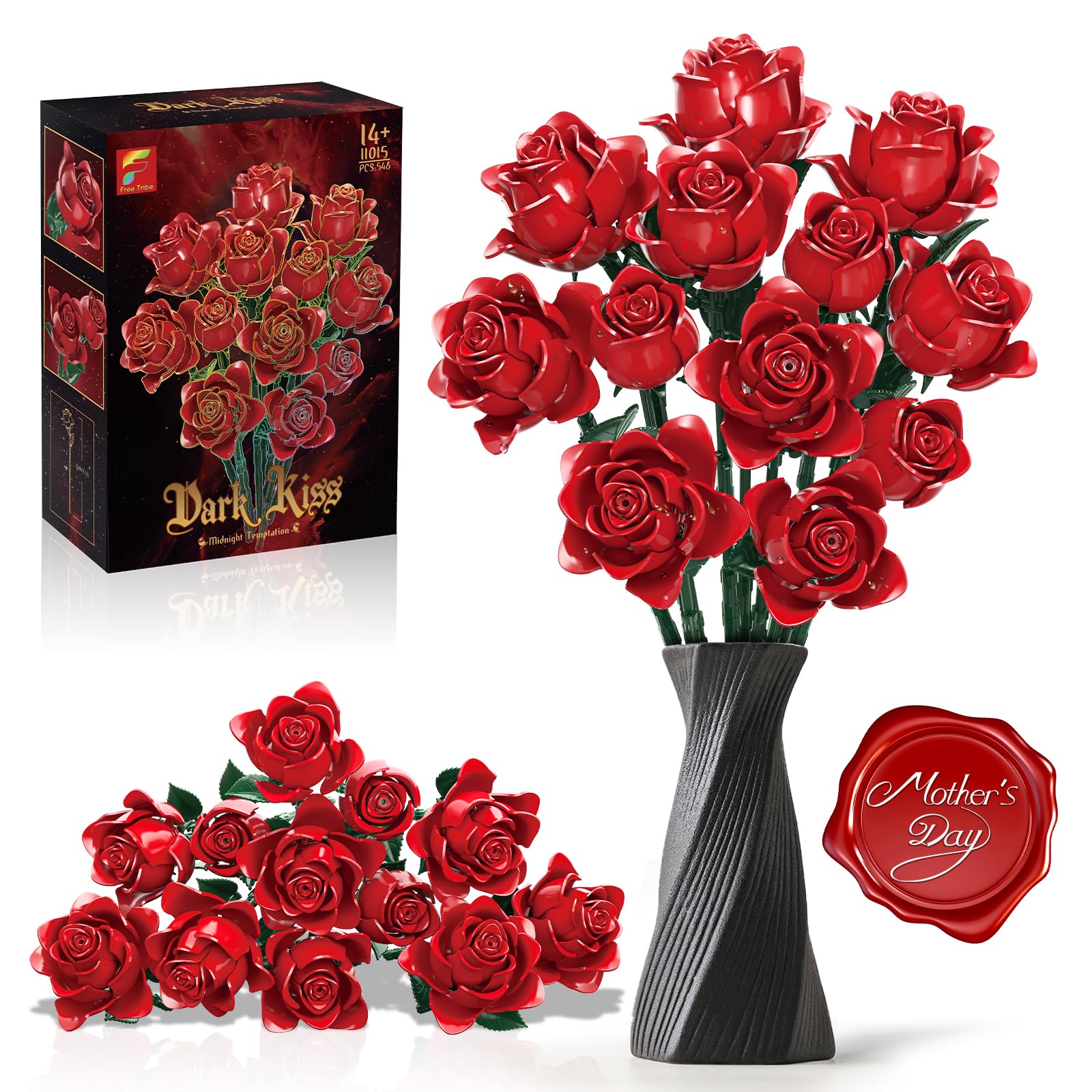 Rot Rosenstrauß Bausatz, Geschenke für Ihn Sie zum Valentinstag, 12 Künstliche Rosen Klemmbausteine Blumen, Botanicals Blumenstrauß, Geschenke für Geburtstag, Jahrestag, Muttertag, Heimdekoration