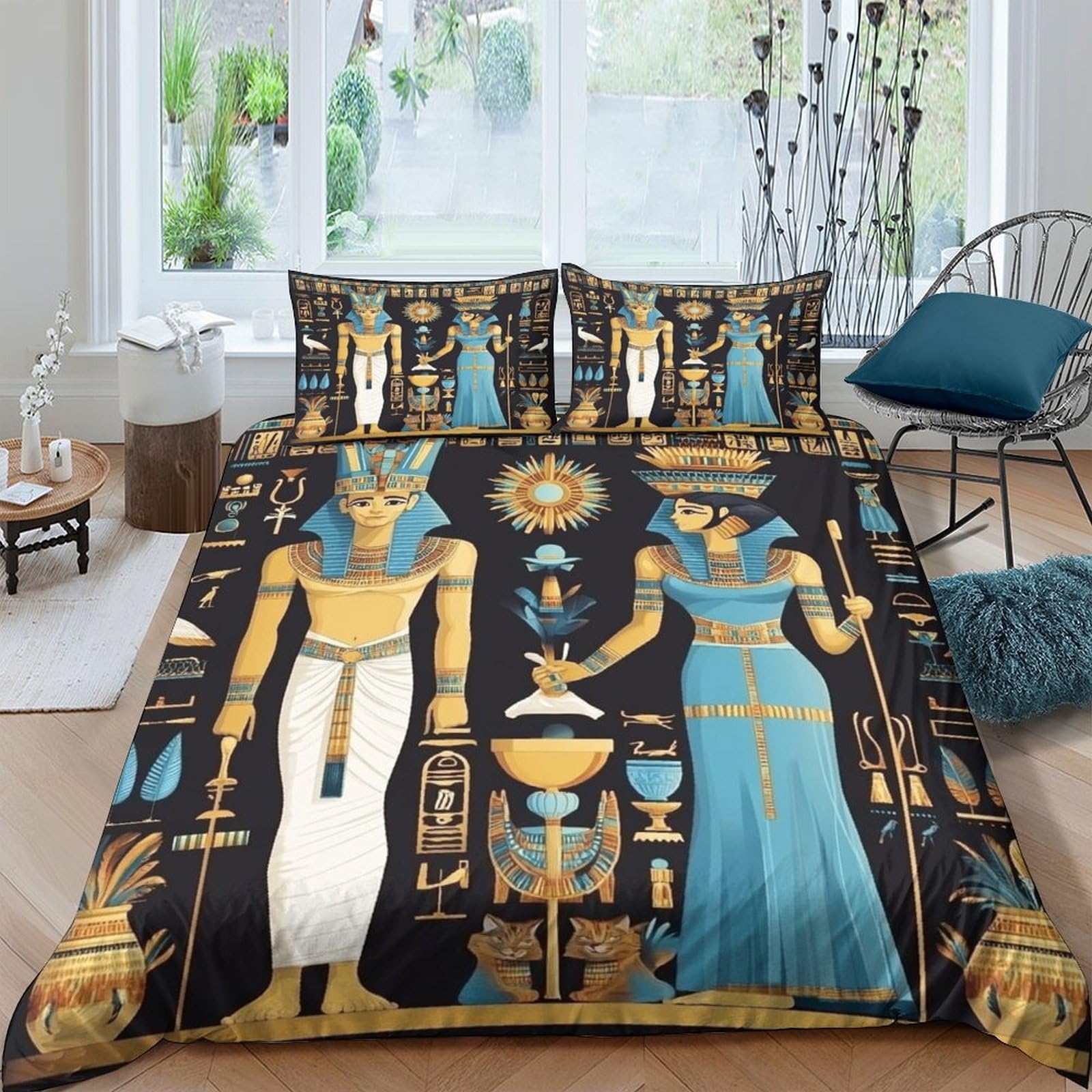 GPLZQXKJNH 3D Printed Egyptian Pharaoh Queen Duvet Cover Microfiber Bedding Set with 2 Pillowcases, Soft Breathable for Bedroom Decor Single（135x200cm）