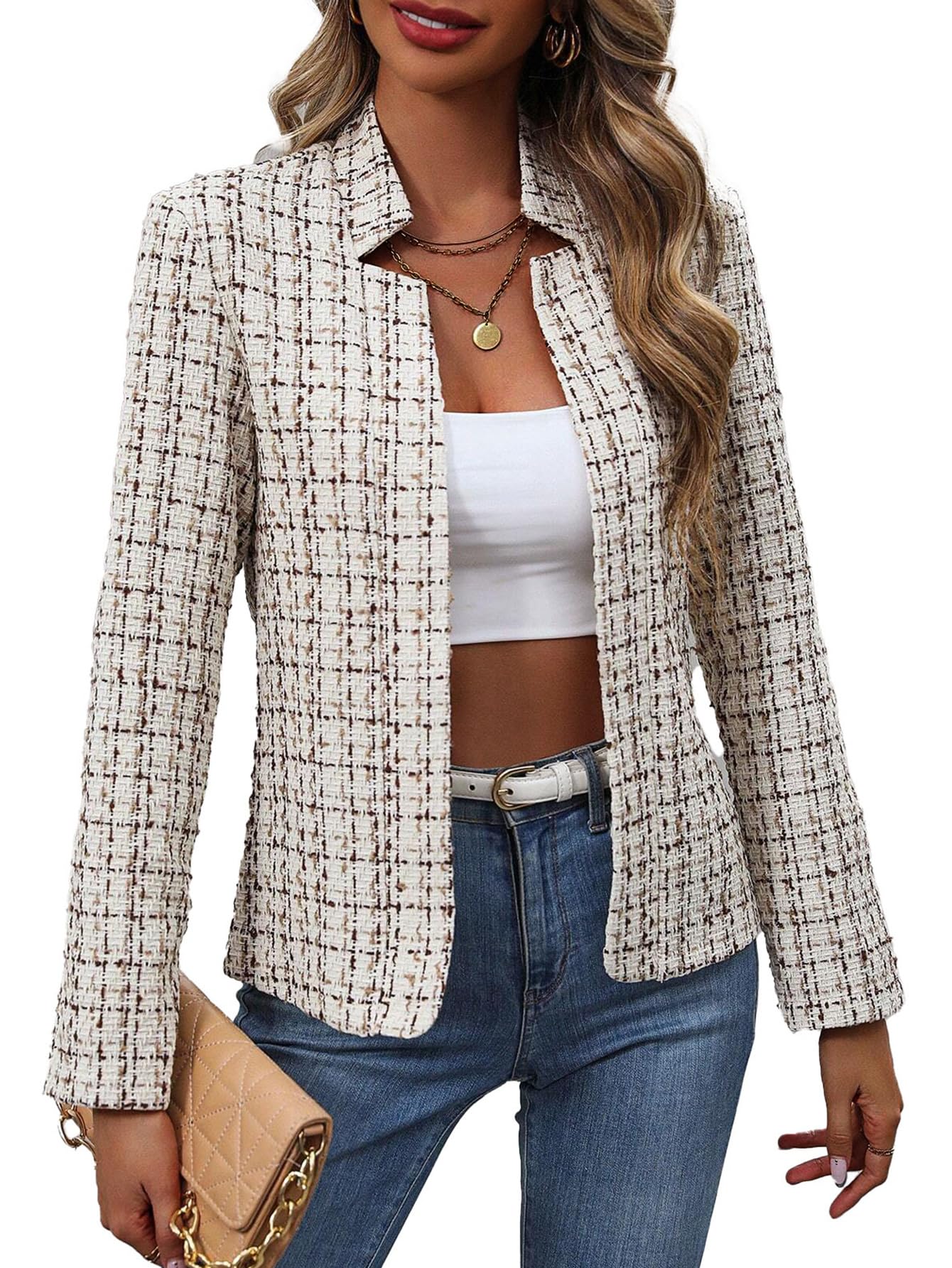 2026 Spring Women's Tweed Plaid Blazer Jacket - Fully Lined Open Front Stand Collar Casual Fashion Work Office Coat