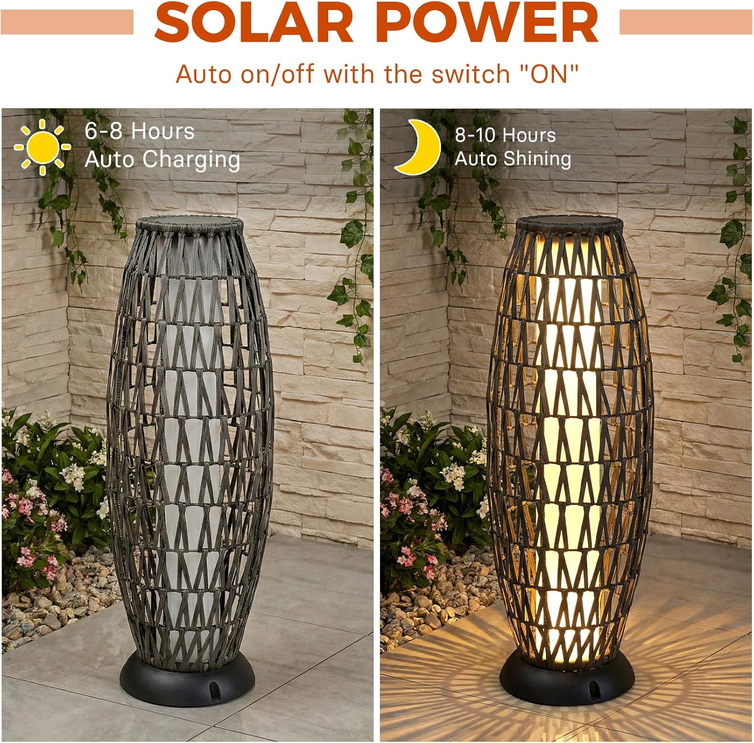 Solar Yard 2-Pack 29" Outdoor Solar-Powered Woven Wicker Boho Lantern Floor Lamp, Decoration for Deck Garden, Pathway, Oslo Silver Black