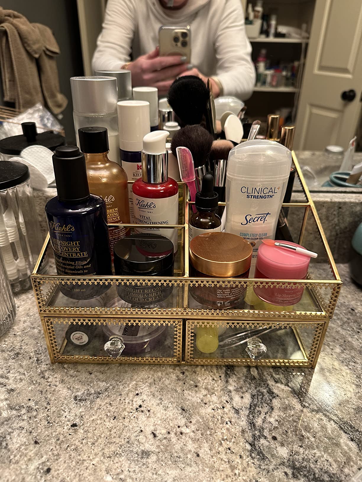 Levilan Makeup Organizer Antique Countertop Cosmetic Storage Box Glass Beauty Display, Gold Spin Large Capacity Holder for Brushes Lipsticks Skincare Toner