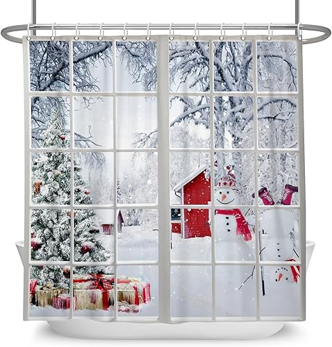 Miniatura 5 de Leowefowa Cortina de ducha con diseño de árbol de Navidad, diseño de búfalo blanco y negro, juego de cortina de ducha para invierno, Navidad,