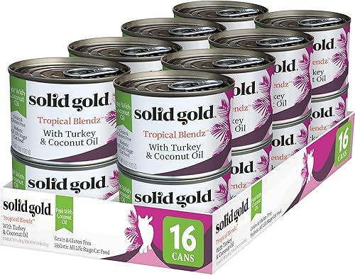 Solid Gold Alimento húmedo en paté para gatos adultos y mayores, aceite de pavo real y coco - Tropical Blendz alimento húmedo sin granos para una