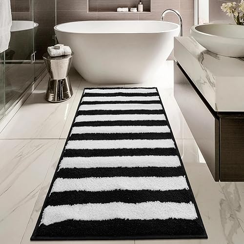 Miniatura 7 de Alfombra de pasillo a rayas blancas y negras, lavable, antideslizante, para suelo de baño, absorbente de agua, alfombra de baño larga, geométrica,