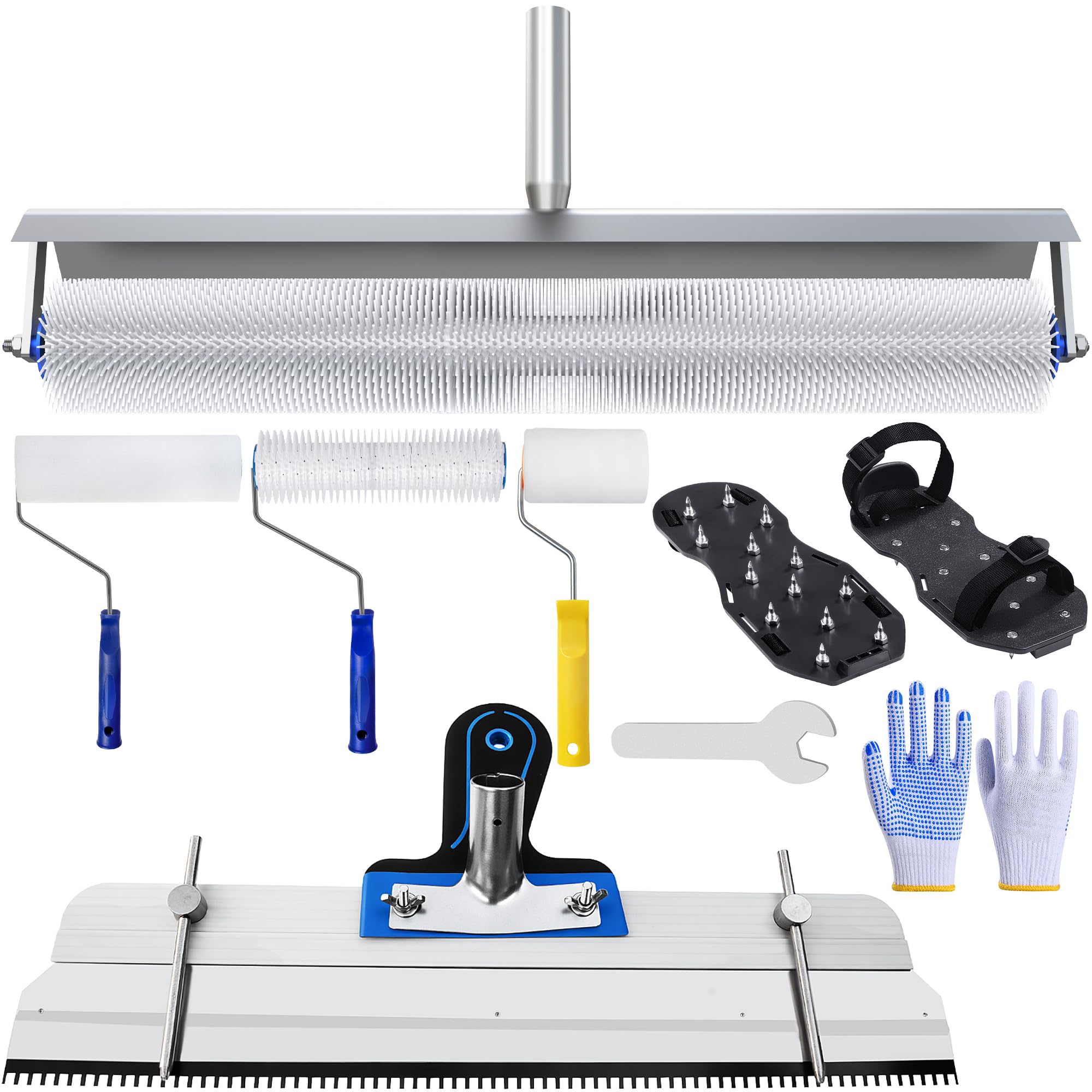 BERXOL 18-Inch Self-Leveling Cement Tool Kit, Upgraded Spike Roller Set with 9-Inch Spike Roller, Epoxy Shoes Spikes & Gloves, Floor Leveling Tools for Epoxy & Concrete Coating (White Suit)