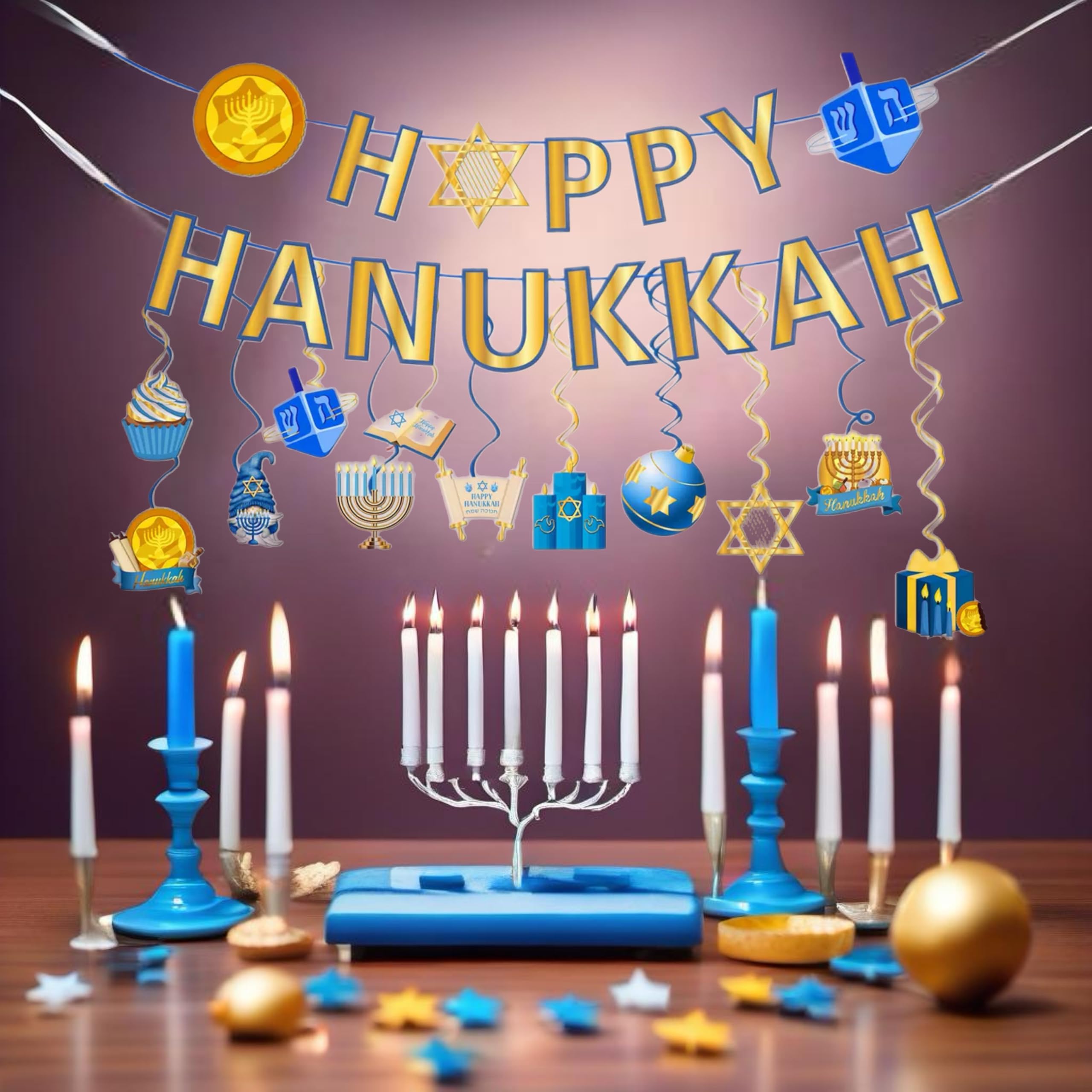 eBoutik, Happy Hanukkah Party Decoration Hanging Bunting and spirals, Chanukah Banner Decor - Image 3