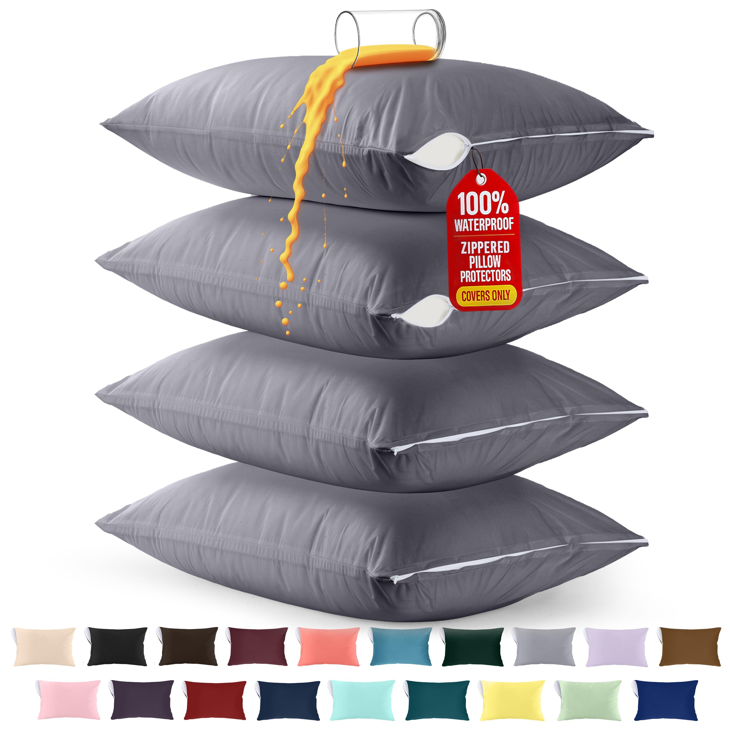 Utopia Bedding Premium 100% Waterproof Pillow Protectors with Zipper Standard Size (Set of 4), Bed Bug and Dust Mite Proof Zippered Pillow Covers, Pillow Encasement Cases, Gray