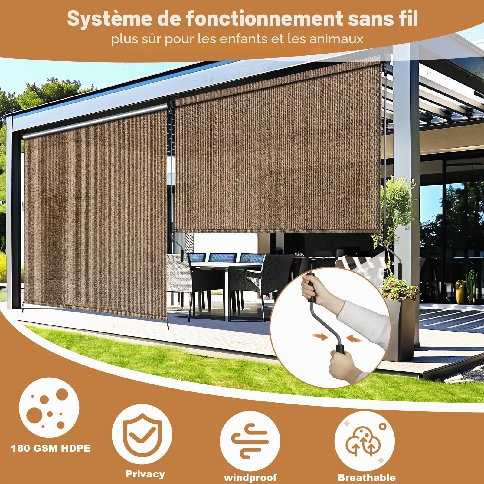LIFERUN Auvent vertical 180x180 cm,Store Vertical,Toile d'ombrage HDPE pour pergola de terrasse,Auvent de balcon,Tube en aluminium avec commande à manivelle sans fil,pour balcon,Terrasse,Jardin, 1 PCS