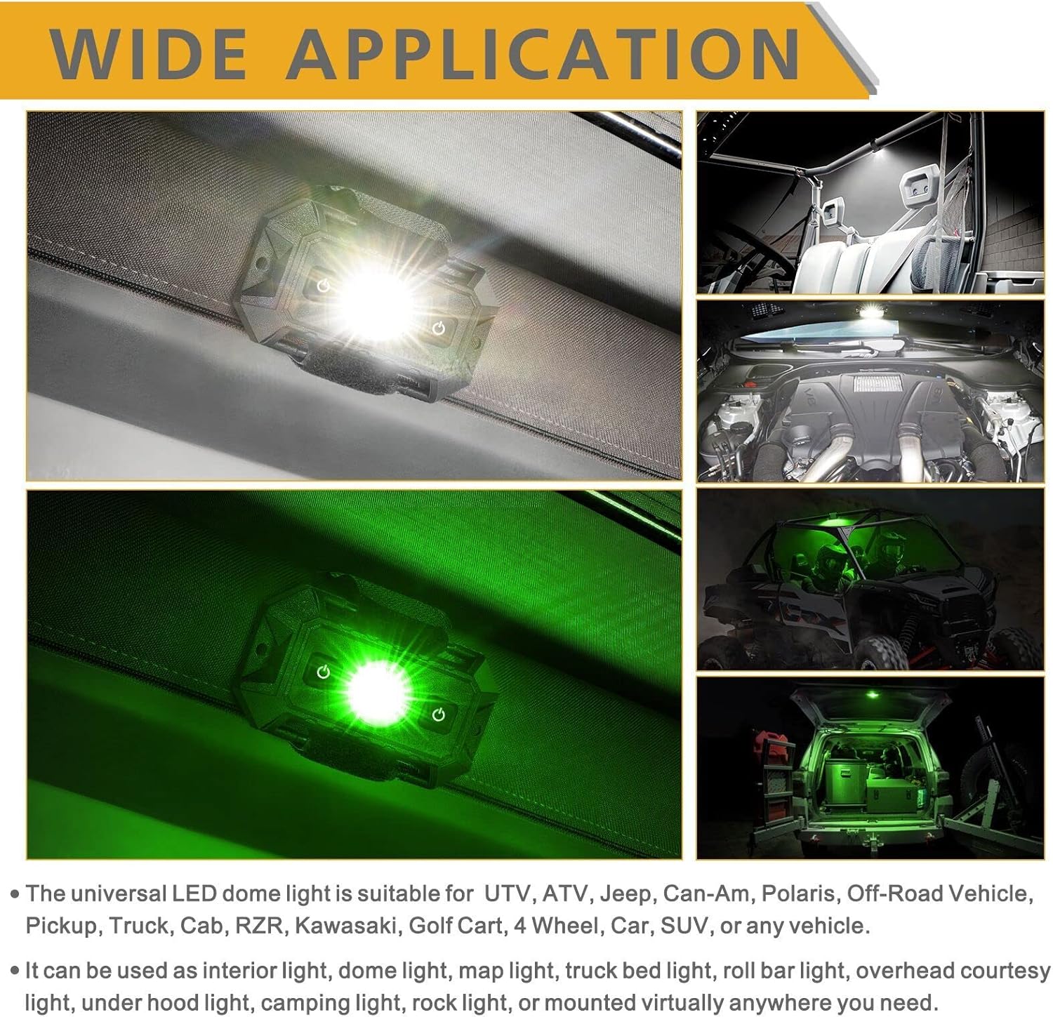UTV Interior Dome Lights 12V Wired, Rfroad Lighting Universal Roll Bar Mount LED Lights Roll Cage Map Light Interior Lights for UTV ATV Golf Cart Trucks Bed RZR Polaris Off-Road - White/Green 2 Packs