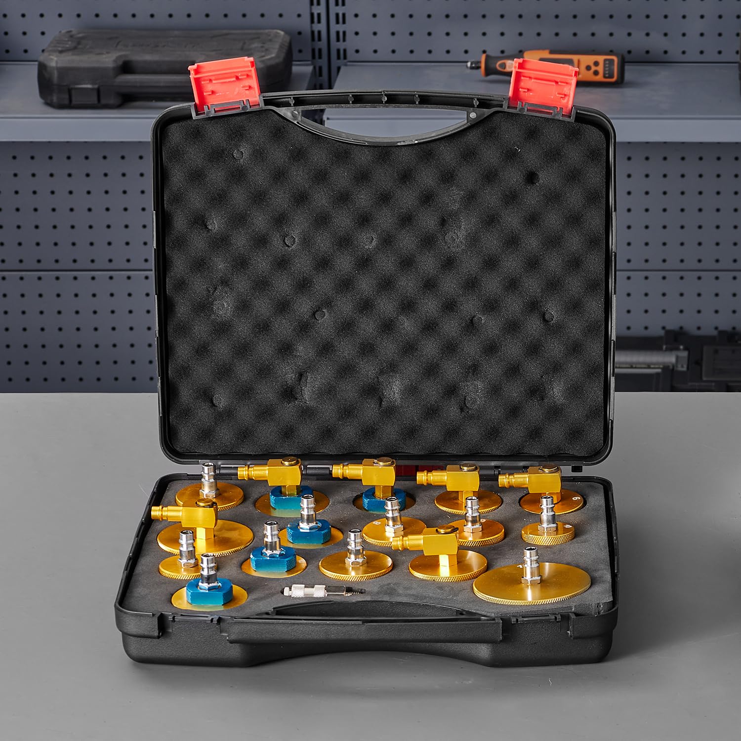 VEVOR Kit de Purga de Frenos Maestro, 17 uds, Juego de Adaptadores de Purga de Frenos Profesional con Kit Completo y Manija, Apto para la Mayoría de Vehículos Nuevos y Viejos, 360 x 310 x 90 mm
