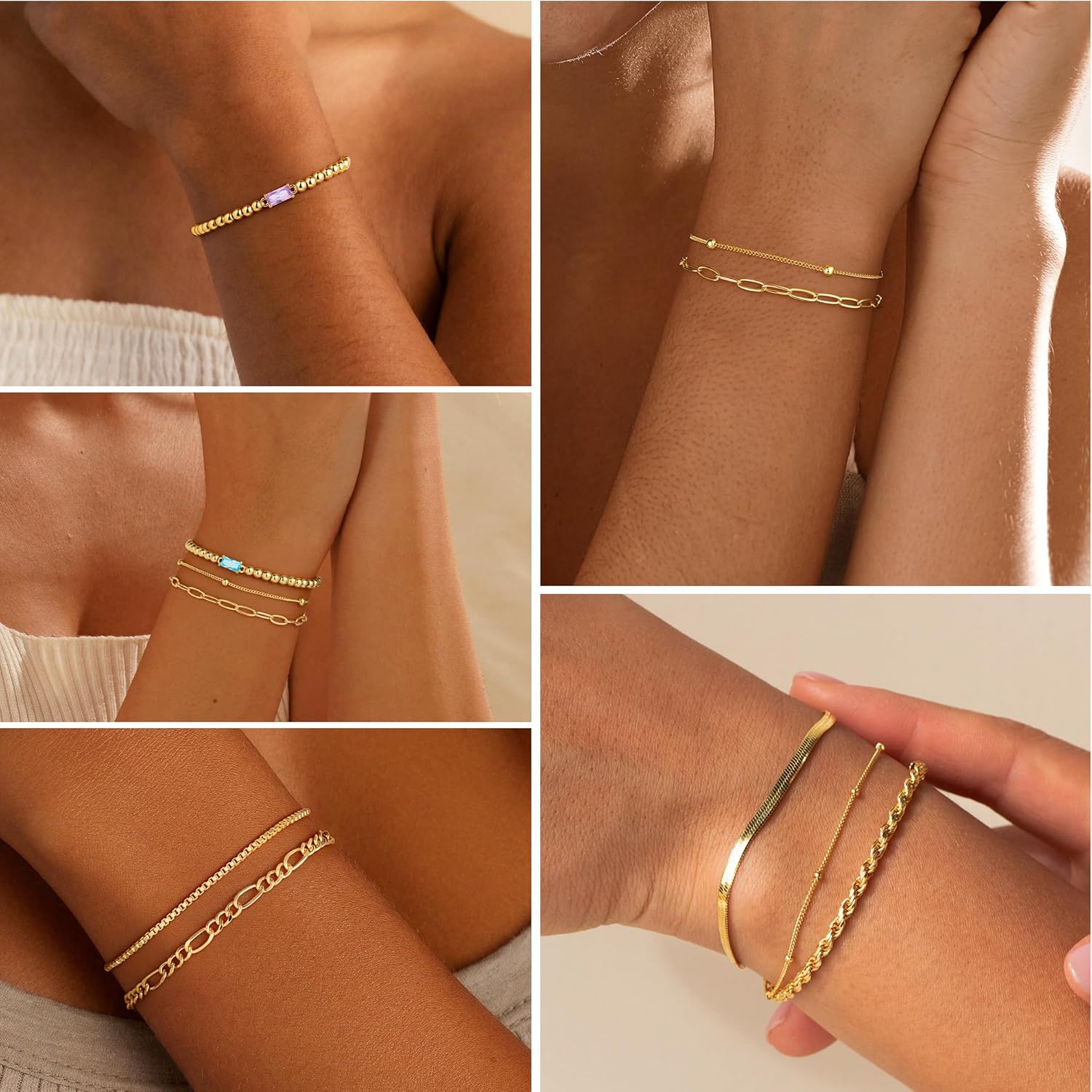 M MOOHAM Valentines Gifts for Her - Gold Birthstone Bracelets Stack for Women, 14K Real Gold Plated Beaded Bracelets Rope Paperclip Chain Bracelet Non Tarnish, Friendship Birthday Jewelry Gifts - Image 4