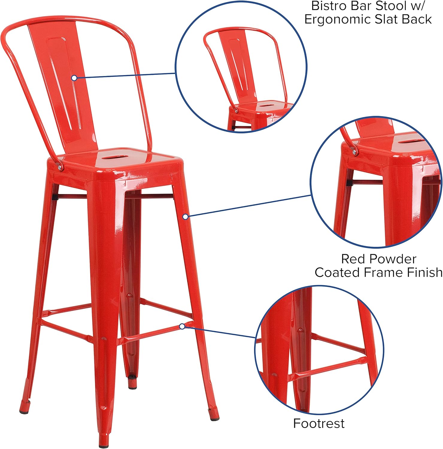 Merrick Lane Dothan Series Bar Height Stool - Red Finish - Metal Frame with Cross Bracing - Convenient Removable Back - Integrated Footrest