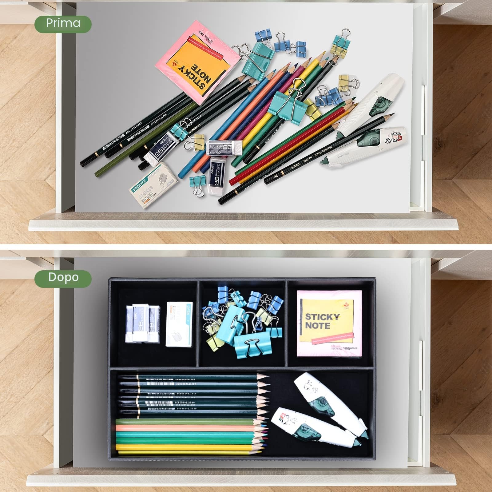 GORESE Svuotatasche in Pelle, Organizer per Cassetti Scrivania da Ufficio Vassoio Portaoggetti PU Tray con 4 Scomparti, Vassoio Organizer per Chiavi, Occhiali, Portafoglio, Monete, Gioielli (Nero)