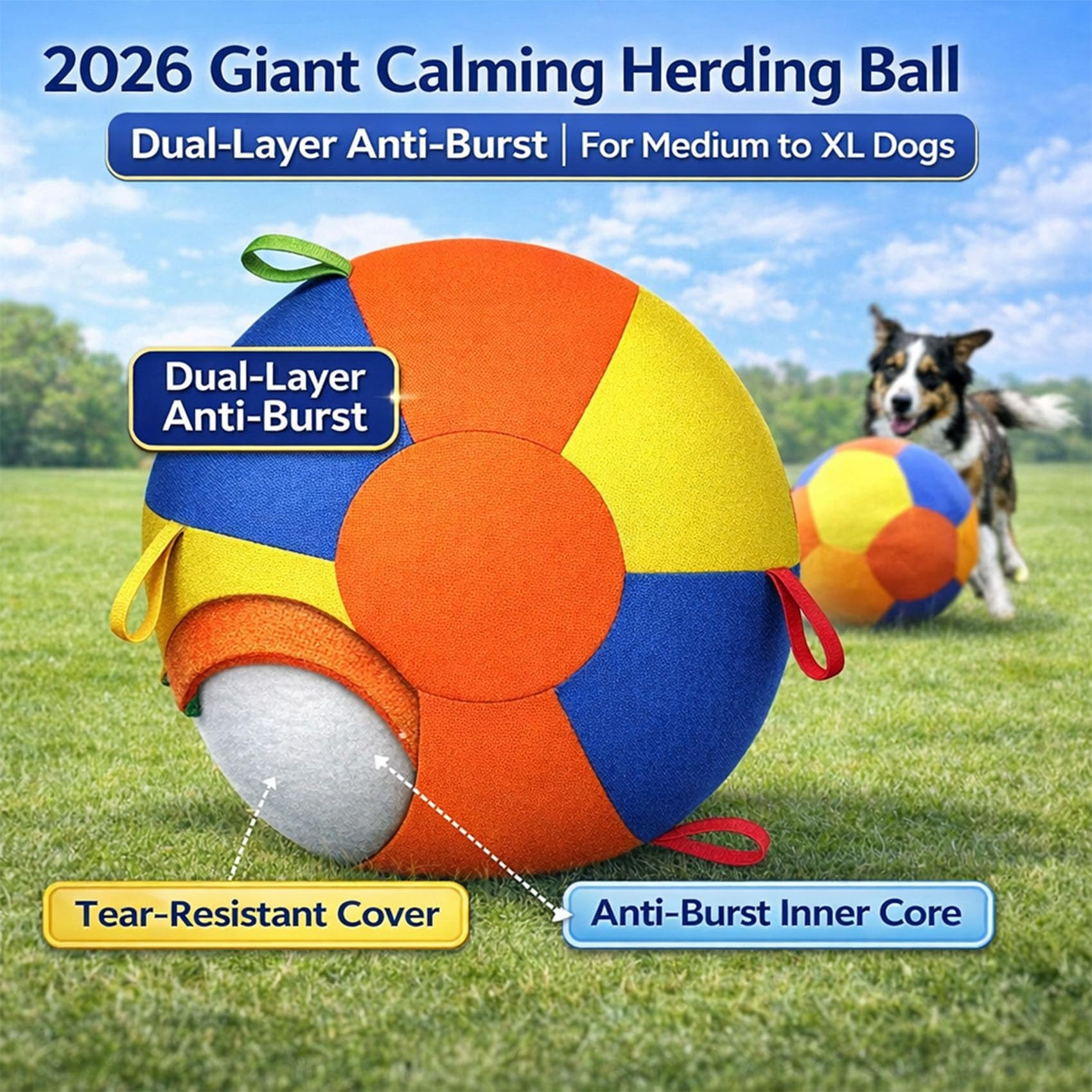 Herding Balls for Dogs, Calming Jumbo Ball for Dogs, 10 18 22 Inch Giant Inflatable Dog Ball with Reinforced Handles Cover & Pump, Durable Tear Resistant Toy for Training Exercise Play (55 cm/21.65in)