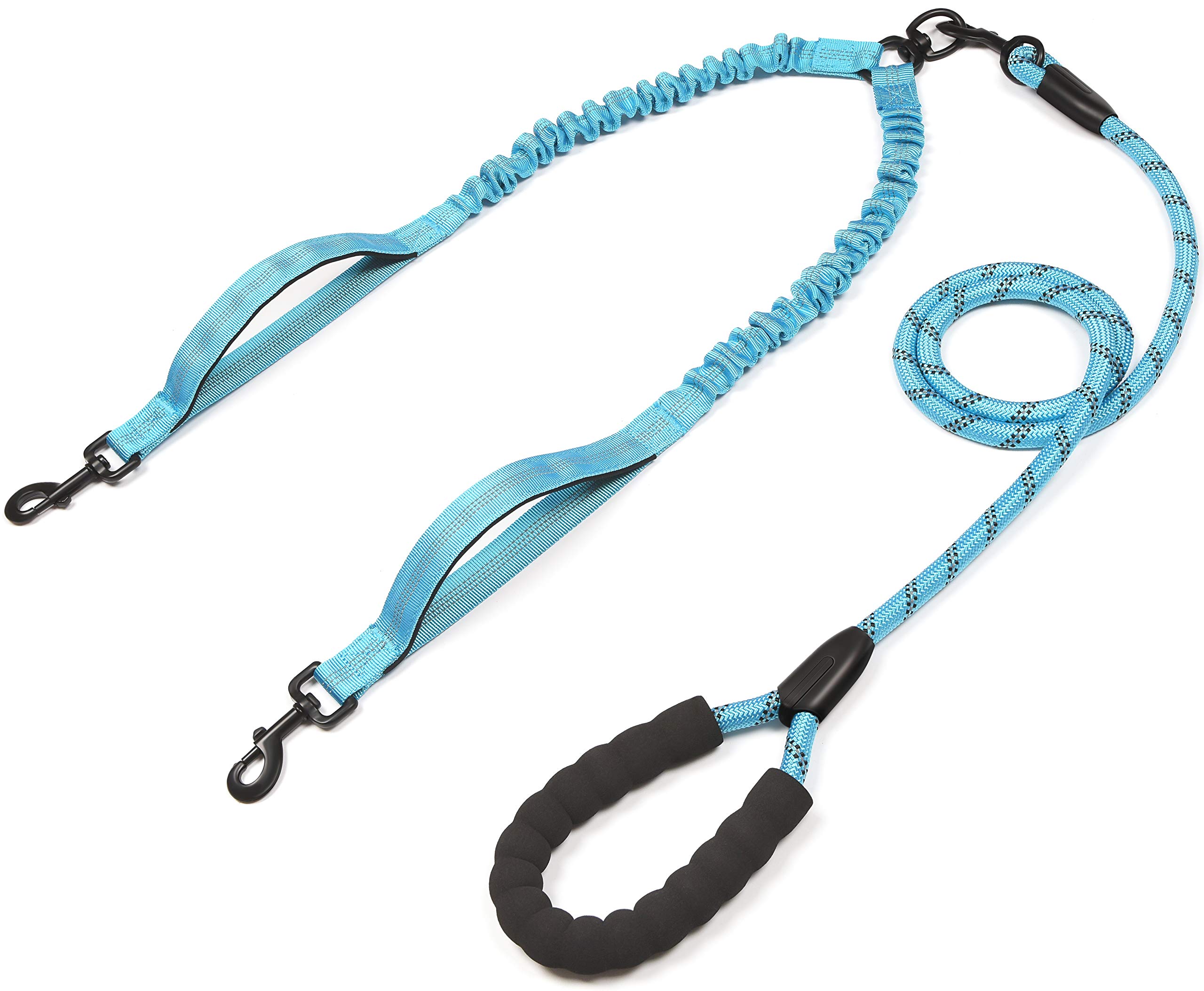 iYoPets Double Dog Leash with Two Extra Traffic Handles, 360 Swivel No Tangle Dual Dog Walking Leash, Comfortable Shock Absorbing Reflective Bungee