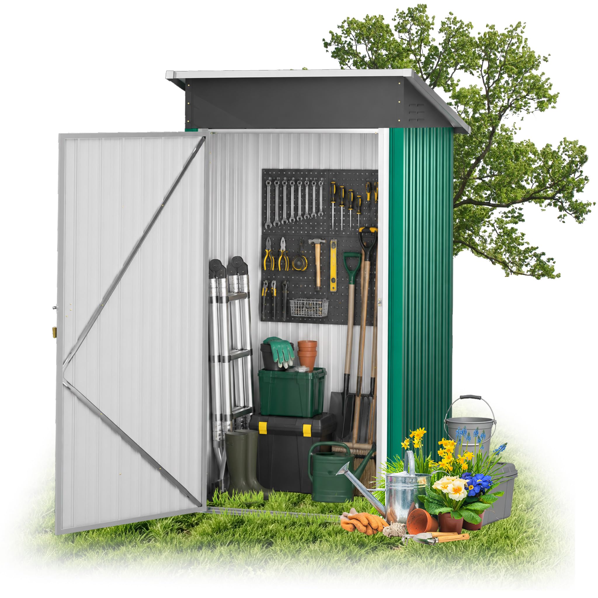 UISEBRT Cobertizo de metal 1,5 m³ 108 x 91 x 185 cm, resistente a la intemperie, con techo inclinado y orificios de ventilación, caseta de jardín con cerradura para herramientas de jardín