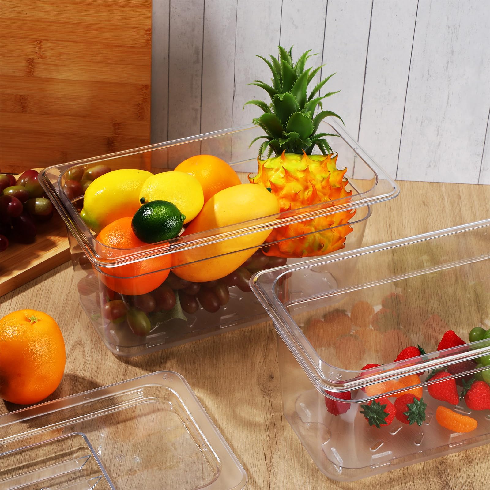 Sunnyray Juego de 6 sartenes de policarbonato de tamaño 1/3 con tapas y estante de drenaje, recipientes cuadrados transparentes para almacenamiento de alimentos para cocina, restaurante, frutas,