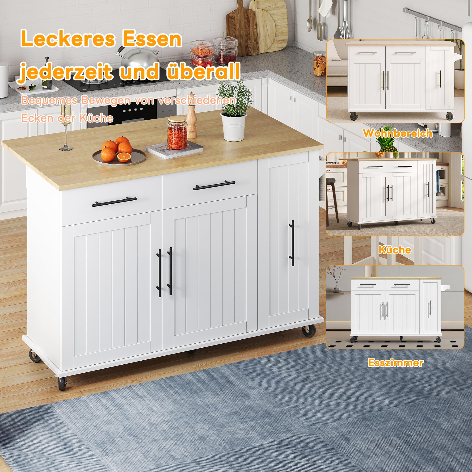 Wyspa kuchenna, wózek kuchenny ze składanym blatem roboczym 129 x (40) 65 x 91 cm, szafka kuchenna/bufet z 2 szufladami, 2 regały na przyprawy, 3 wysuwane półki, wieszak na ręczniki, do kuchni i