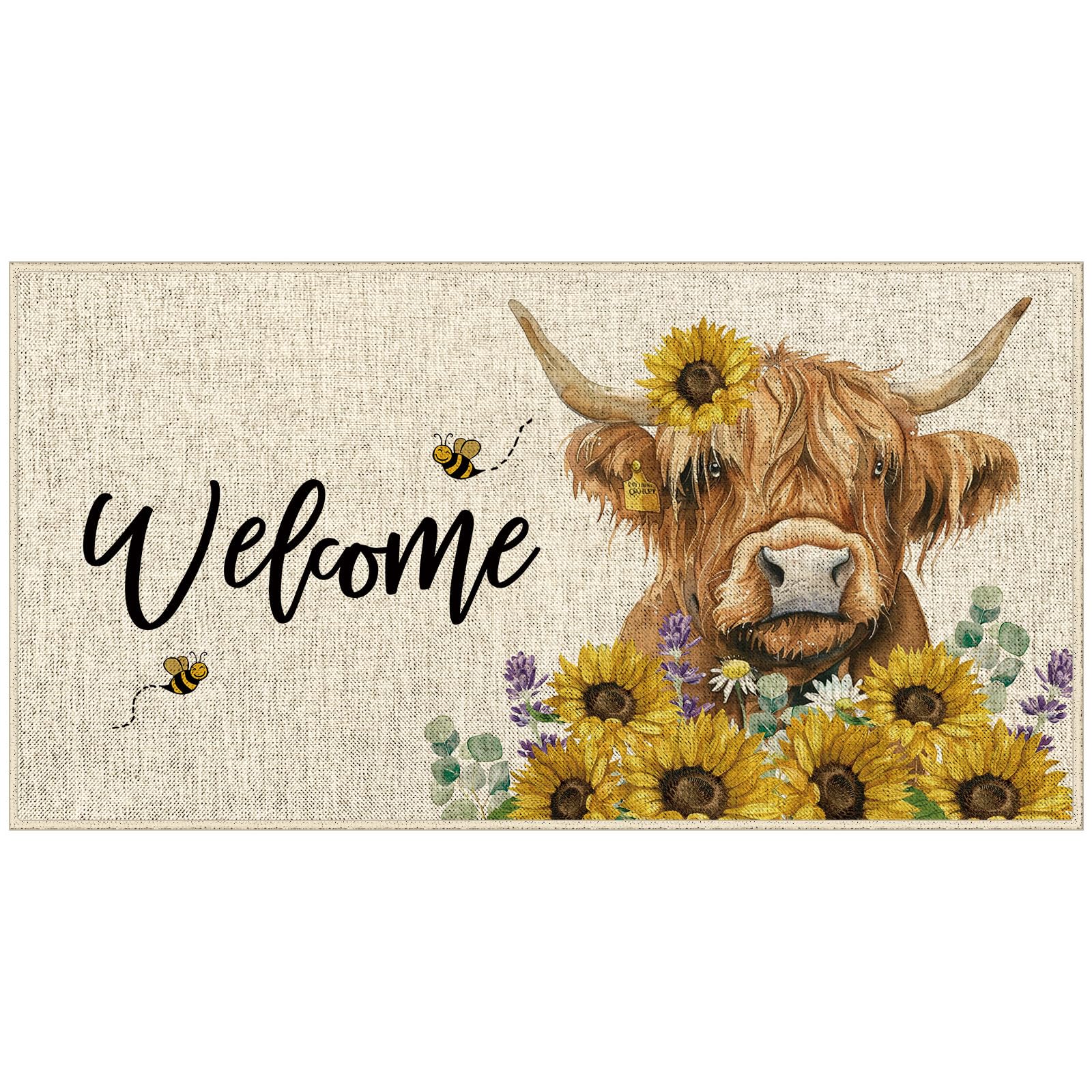 Dlzdn Sunflower Highland Cow Door Mat Spring Summer Non-Slip Rubber Backed Entryway Rugs for Indoor Outdoor Entrance Floor 17 x 30 Inch
