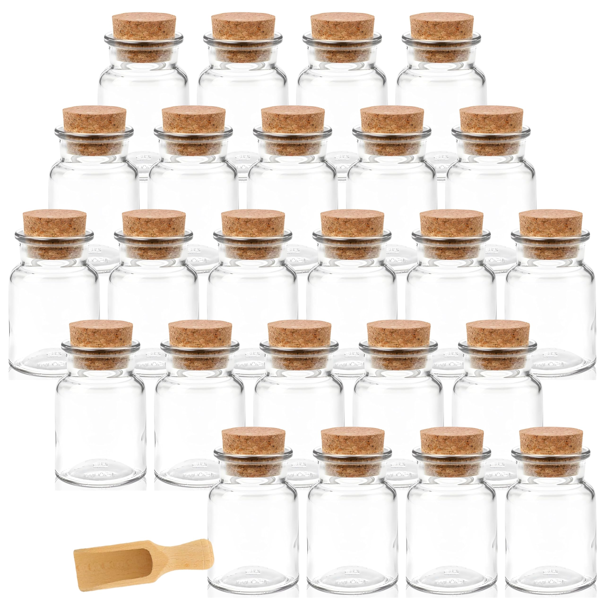 mikken 24 Gewürzgläser 150ml mit Korken – runde Glasbehälter mit Kork-Verschluss inkl. Holzschaufel – Vorratsgläser für Gewürze, Kräuter & Deko (24)