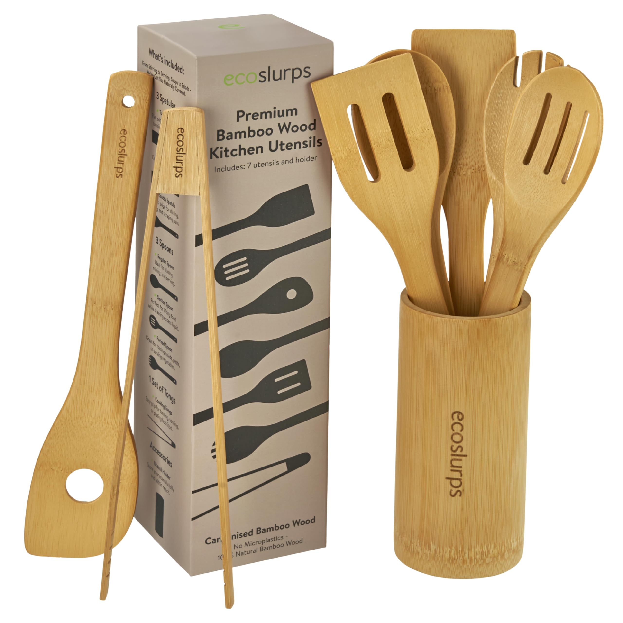 EcoSlurps 8 Bamboo Cooking Utensils Set - British Carbonised Wooden Kitchen Spoons, Spatulas and Utensils Non-Stick Wooden Material with Storage Holder - Premium Cooking Utensil Gift Set (8)