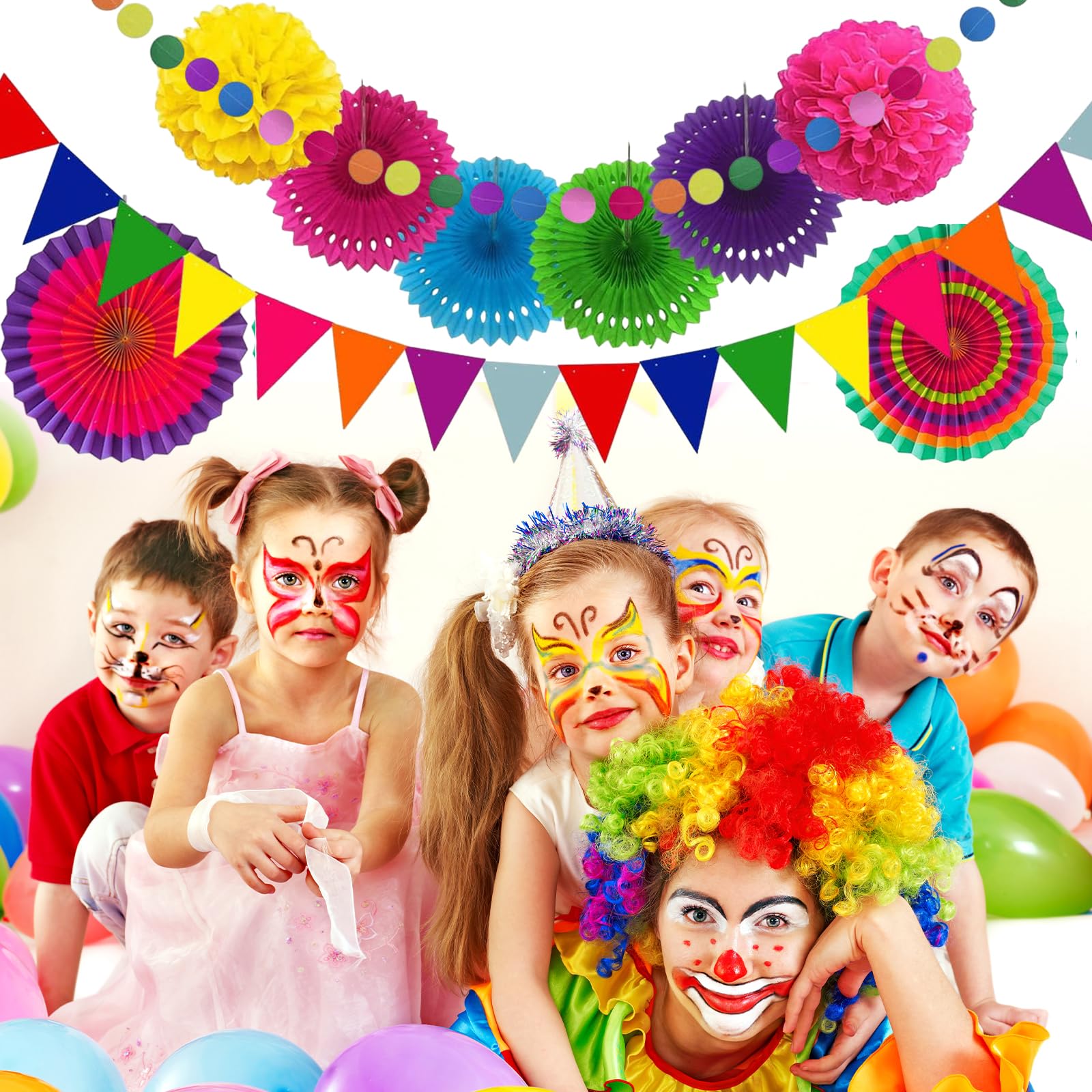 Party Deko für Gartenpartys, Geburtstage und Karneval - Stück mit hängenden Papier Lüfter, Regenbogen Pompons, Tissue Bänder und Wimpelketten Girlande für Feste, Hochzeiten & mehr
