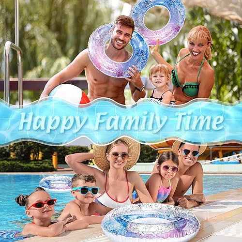 Miniatura 6 de Wettarn 8 piezas inflables de piscina flotadores de 24 pulgadas, anillos interiores de lentejuelas con purpurina, tubo de piscina de agua, natación,