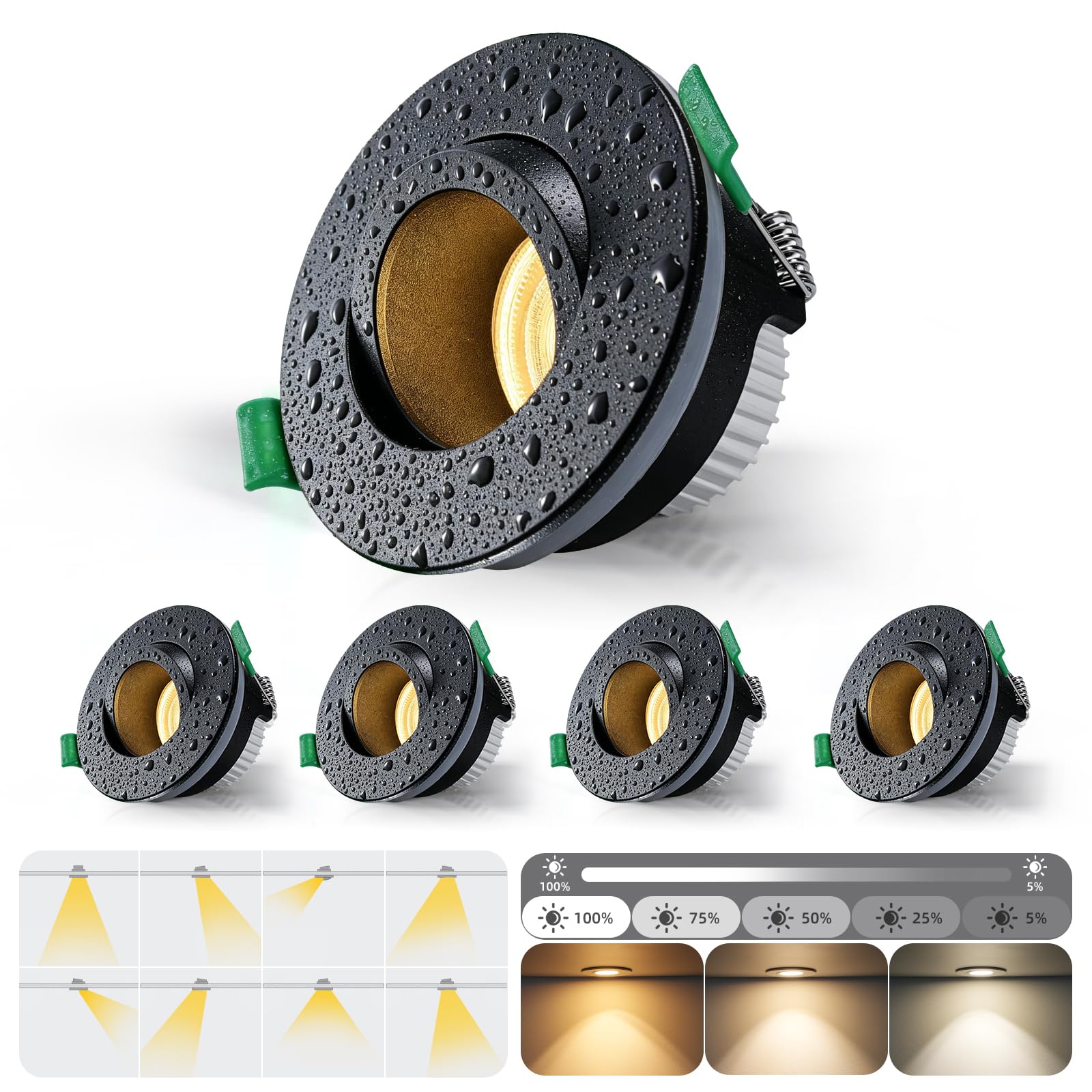 4er Einbaustrahler LED Dimmbar Deckenpots IP65, 5W 550lm Einbauspots 230V Modul, 3000K/ 4000K/ 6500K für Küche Flur, CRI90+ Blendfrei Ø70mm