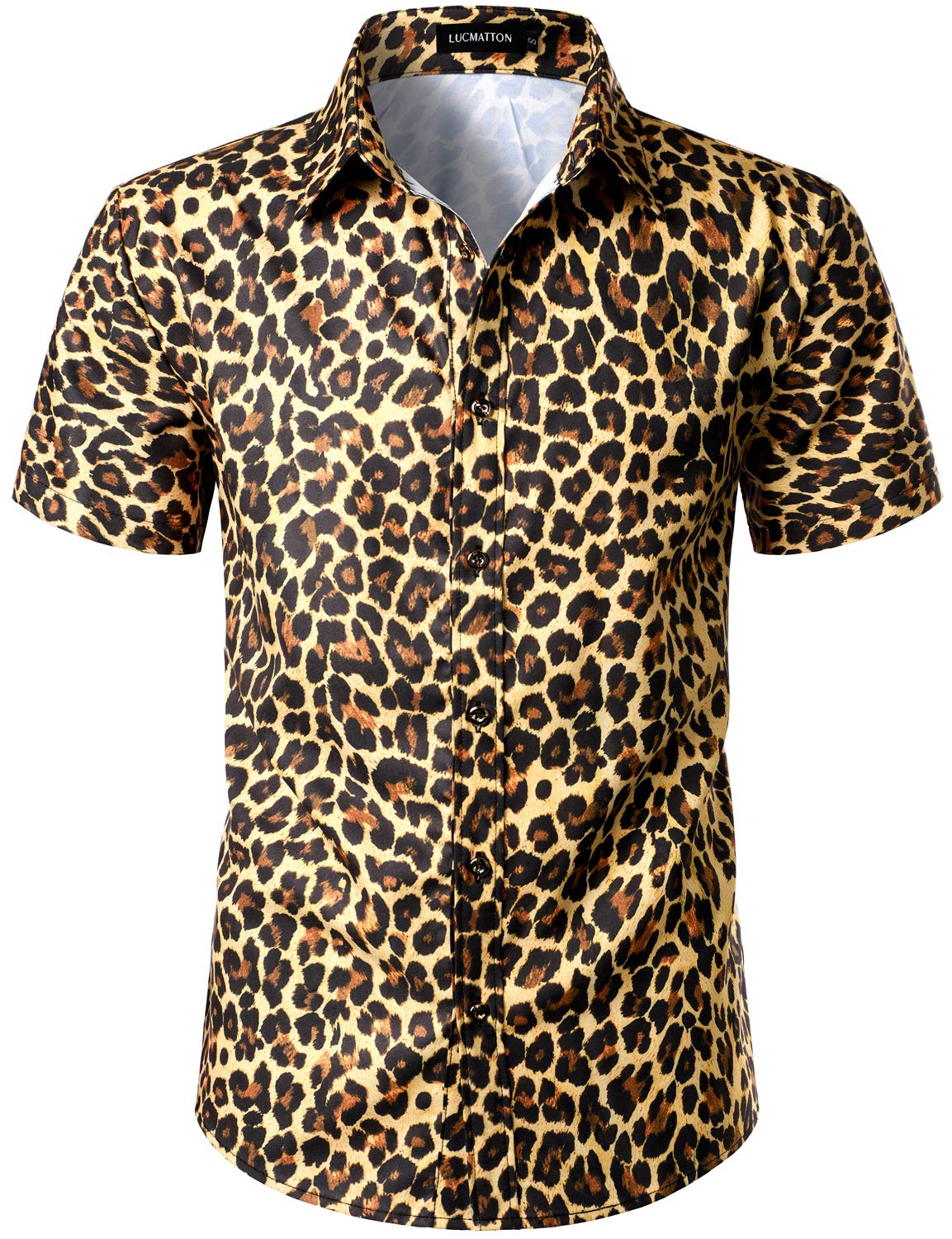 LucMattonMen's Hipster Short Sleeve Button Down Leopard Snake Zebra Print Shirt for Club Rock Party