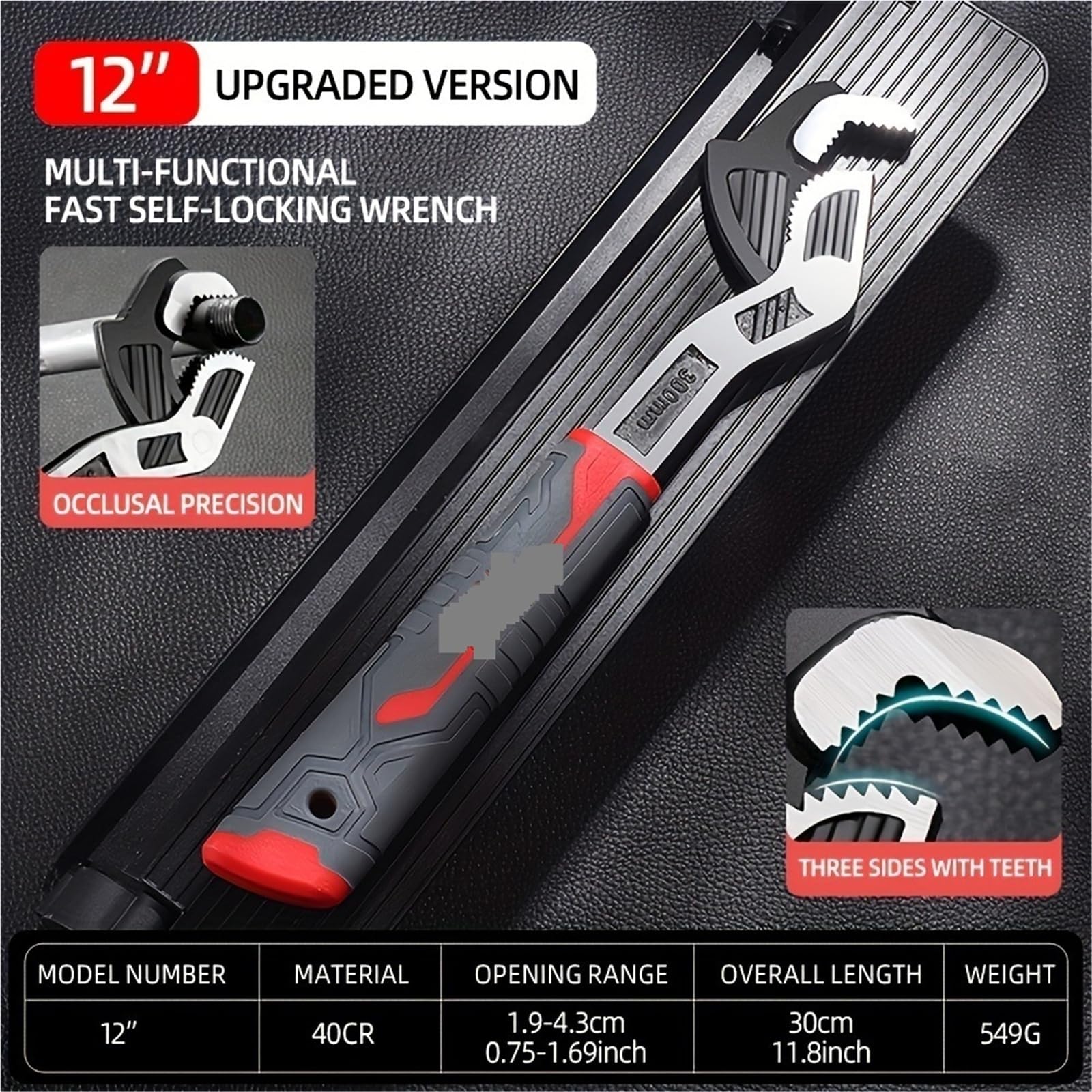 Llave Ajustable Llave autoblocante multifuncional de 6/8/10/12 pulgadas, fontanero Universal ajustable rápido(Gray - 12 Inch)