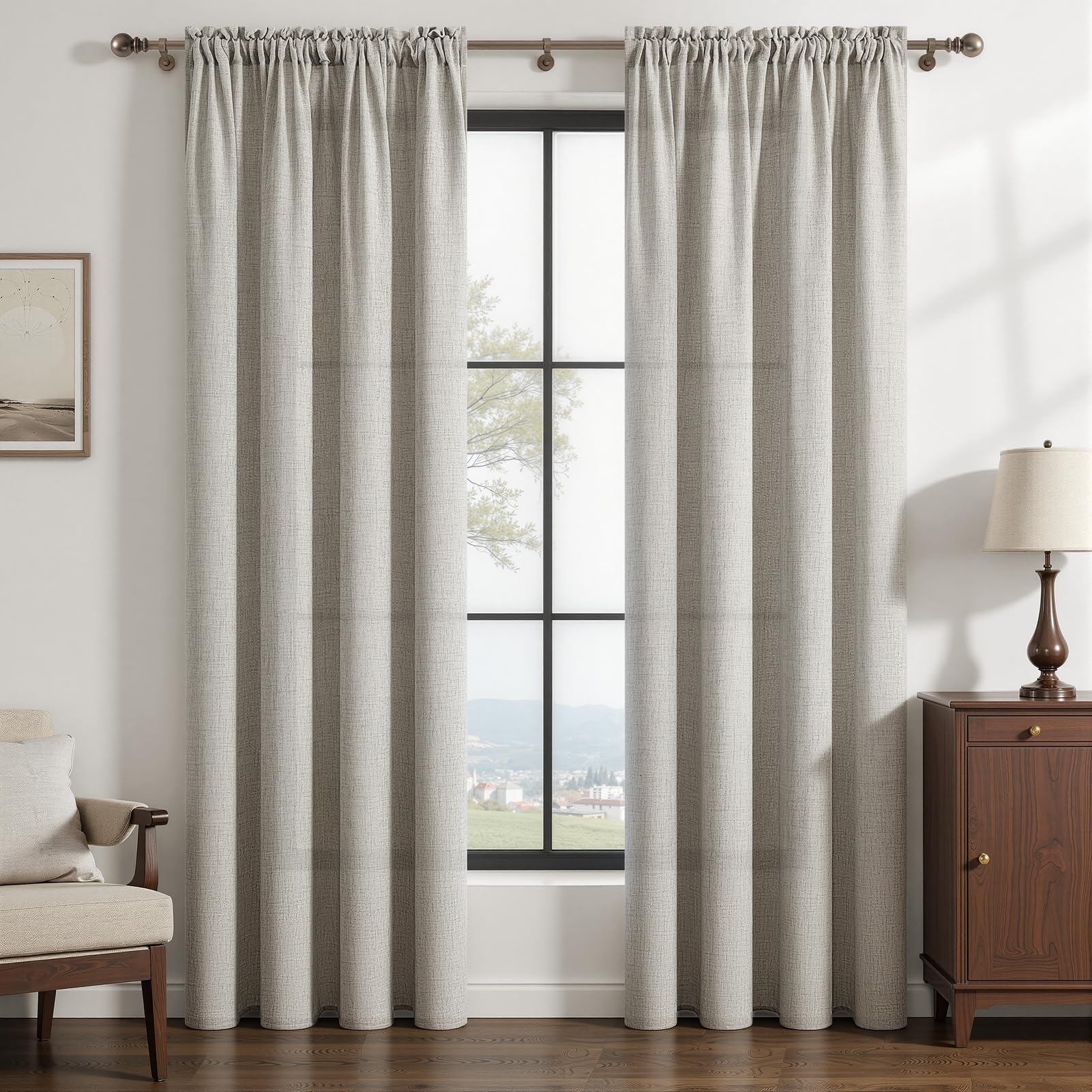 MRTREES Linen Voile Curtains 90 Drop Pair, Long Net Semi Sheer Rod Pocket Curtains for Bedroom and Living Room, 2 Panels Semi-Transparent Window Treatments 140x228 CM 55x90 Inch Linen