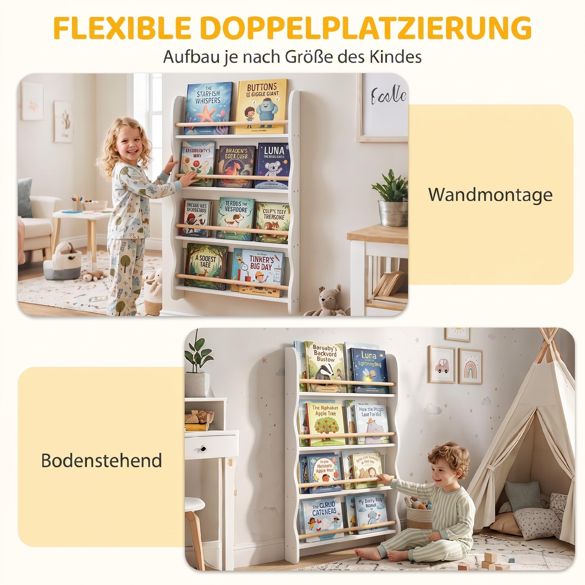 AIYAPLAY Bücherregal Kinder Wandregal mit Kippschutz 60 x 10 x 98 cm Weiß