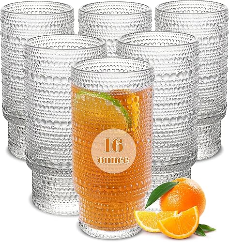 Miniatura 1 de Juego de 6 vasos para beber Hobnail de 16 onzas, vasos de vidrio vintage, vasos de agua transparente, vasos para cocina, jugo, cerveza, cóctel,
