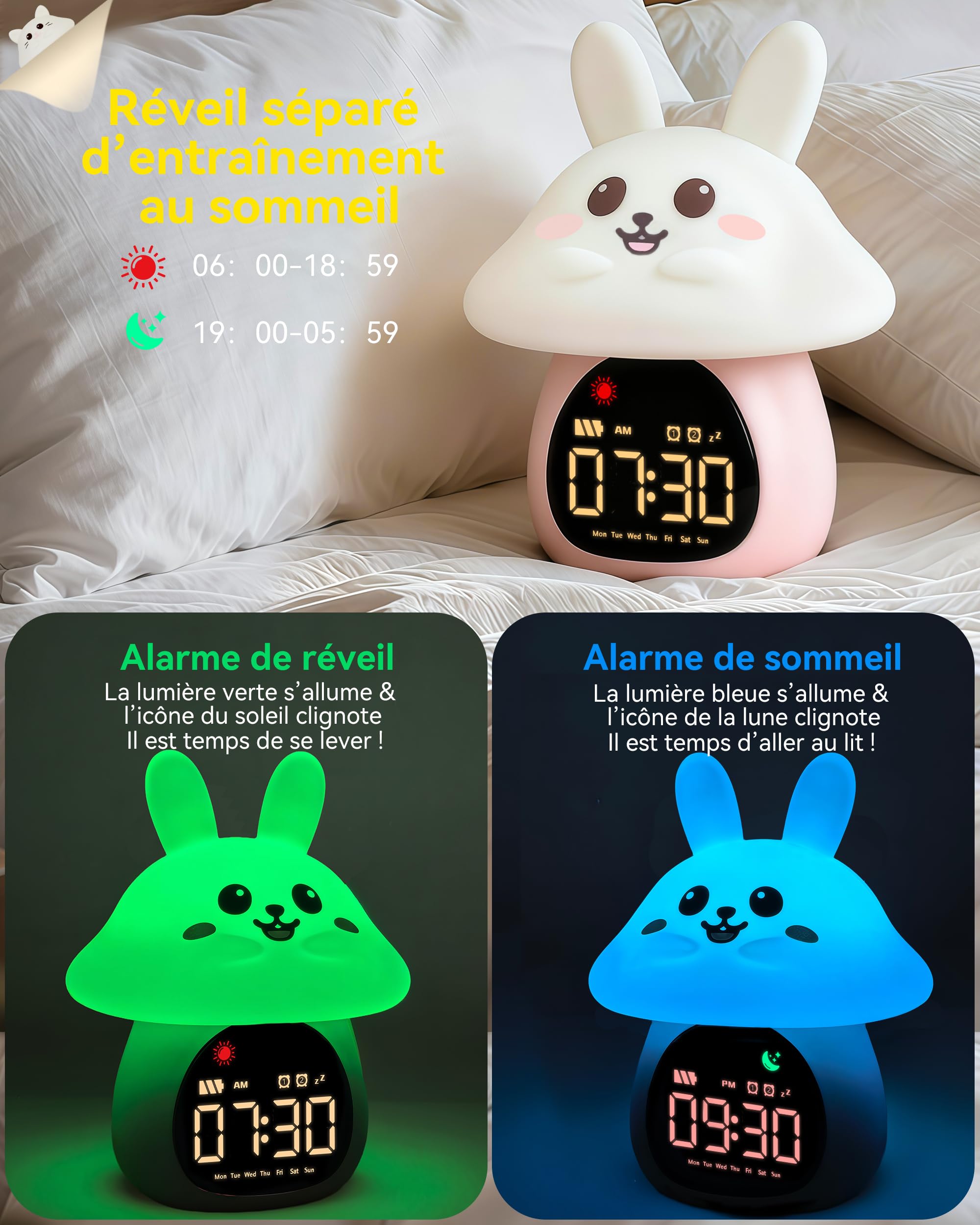 Yiliaw Réveil Enfant Éducatif Jour/Nuit Lumineux en Silicone avec Veilleuse – Horloge avec Lumière Apaisante, Idéale pour Garçons et Filles, Parfait pour Chambre d’Enfant, Lapin Champignon