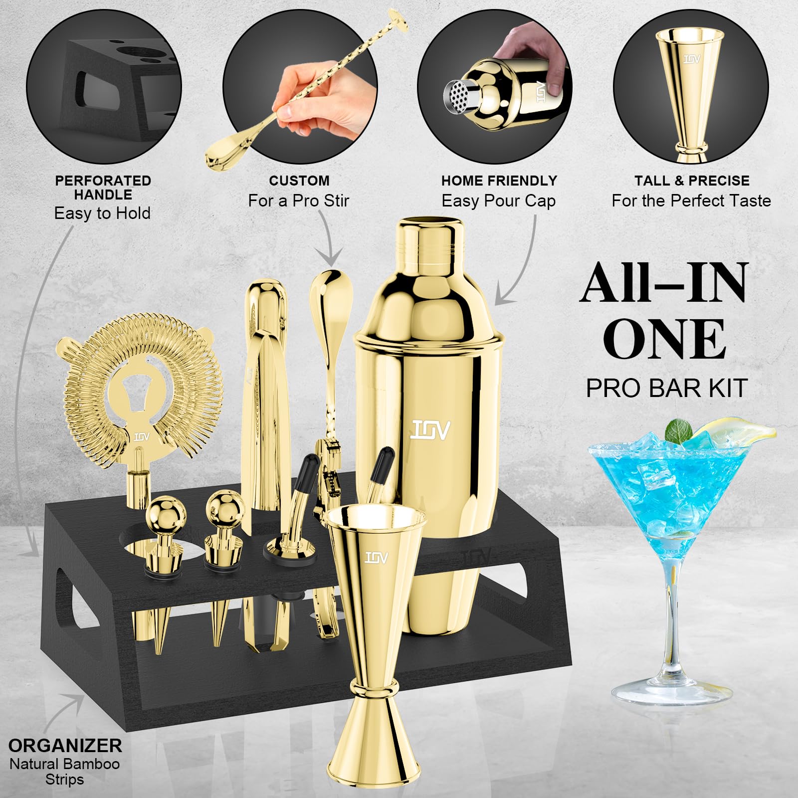 IOV Mixology - Kit da barista con supporto, set da 12 shaker per cocktail, shaker per martini da 680,4 g, per mescolare bevande, set da bar include tutti gli strumenti da bar e il libretto di ricette,