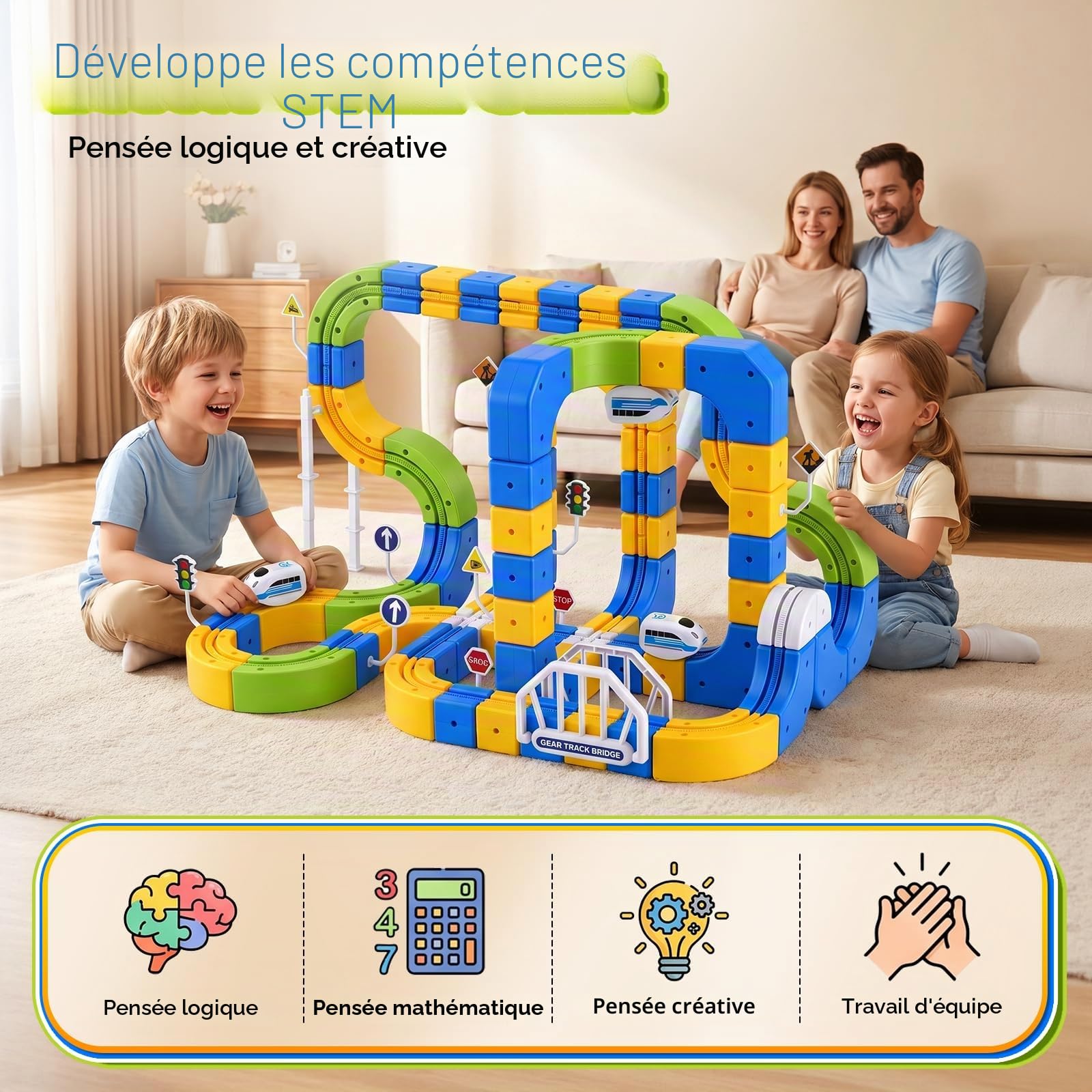 225 Pièces Train Électrique Klick-rail Avec 2 Petits Trains Circuit Flexible, DIY Cube Track Block Train avec Parcours 3D Defiant la Gravité, Chemin de Fer & Magic Rail Block,Cadeau Jouet pour Enfants