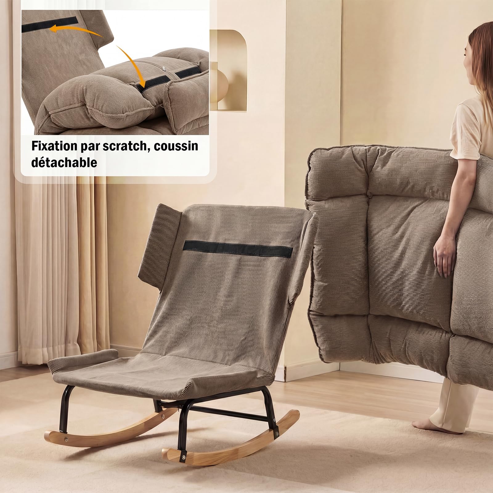 Fabulcozy Fauteuil à Bascule Réglable 3 Positions (90-120°), en Velours Côtelé avec Repose-Pieds Pliable et Coussin, Structure Métal et Pieds Bois d'Hévéa, pour Salon, Chambre,Allaitement,Kaki