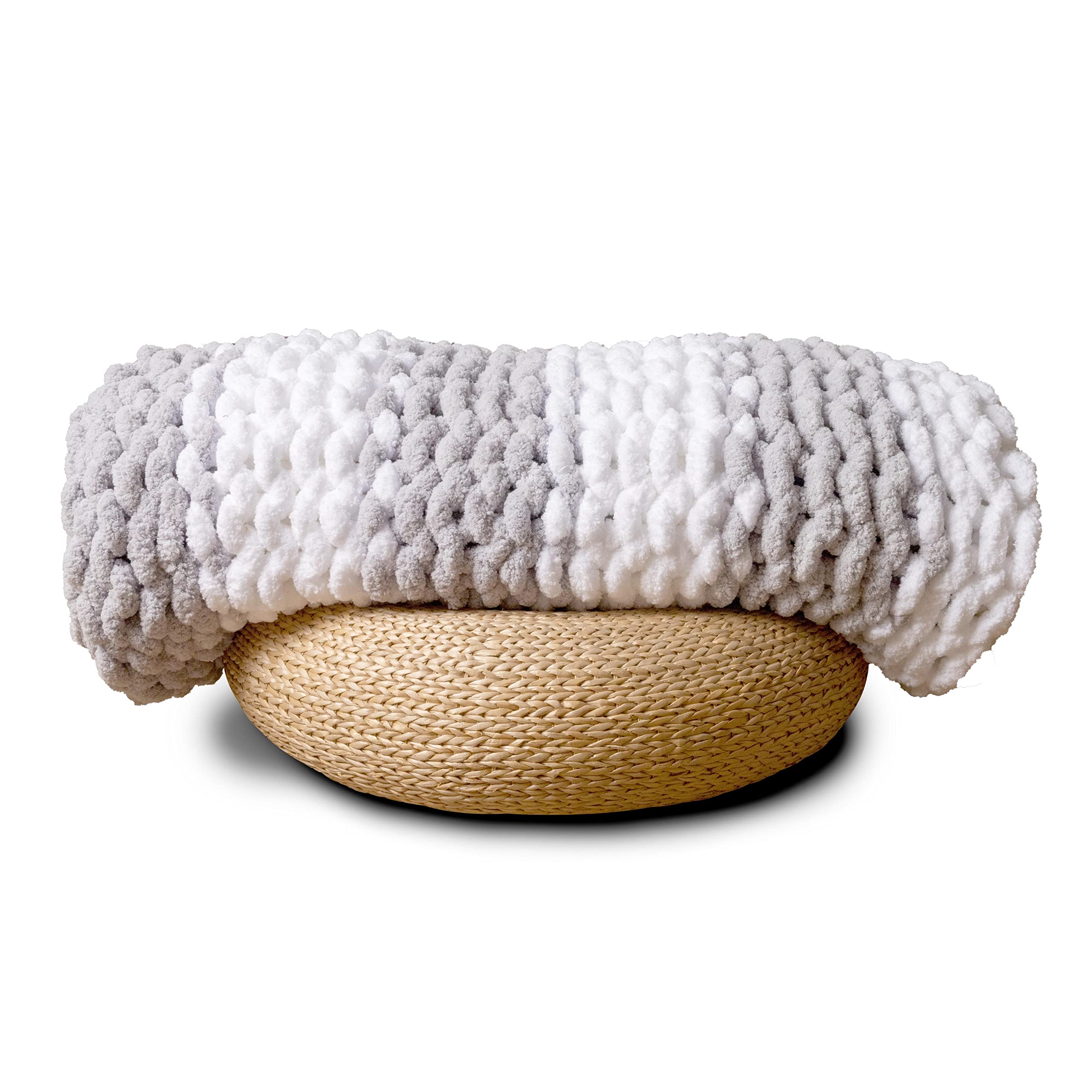 Adyrescia Chunky Knit Blanket Throw | 100% Hand Knit with Jumbo Chenille Yarn (50"x60", Gray and White Stripes) โ image 1