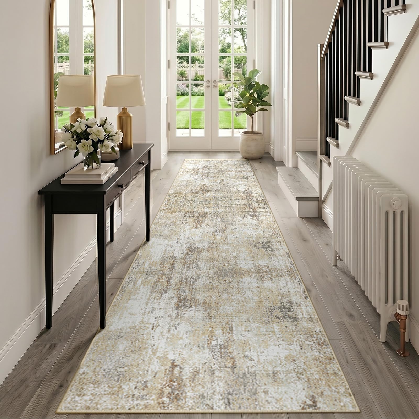 INOVADAY Washable Rugs Living Room 80x300 cm Modern Abstract Rug with Soft Low Pile Vacuum Friendly Non Slip Backing Minimalist Carpet for Lounge Bedroom Dining Room Home Office Brown/Grey