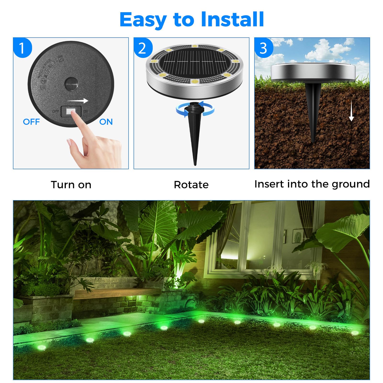 Peasur 6 Pack Solar Lights Outdoor Garden, Green Solar Ground Light, Waterproof Disk Lights for Pathway Patio, Yard, Lawn, Landscape - Image 4