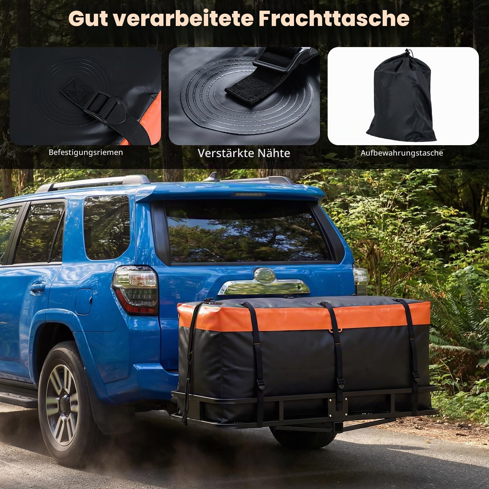 FANTASK 455 L Heckbox für Anhängerkupplung, 146 x 61 x 51 cm, Softshell-Heckträger wasserdicht & faltbar, Auto Hintere Gepäcktasche mit Riemen & Aufbewahrungstasche
