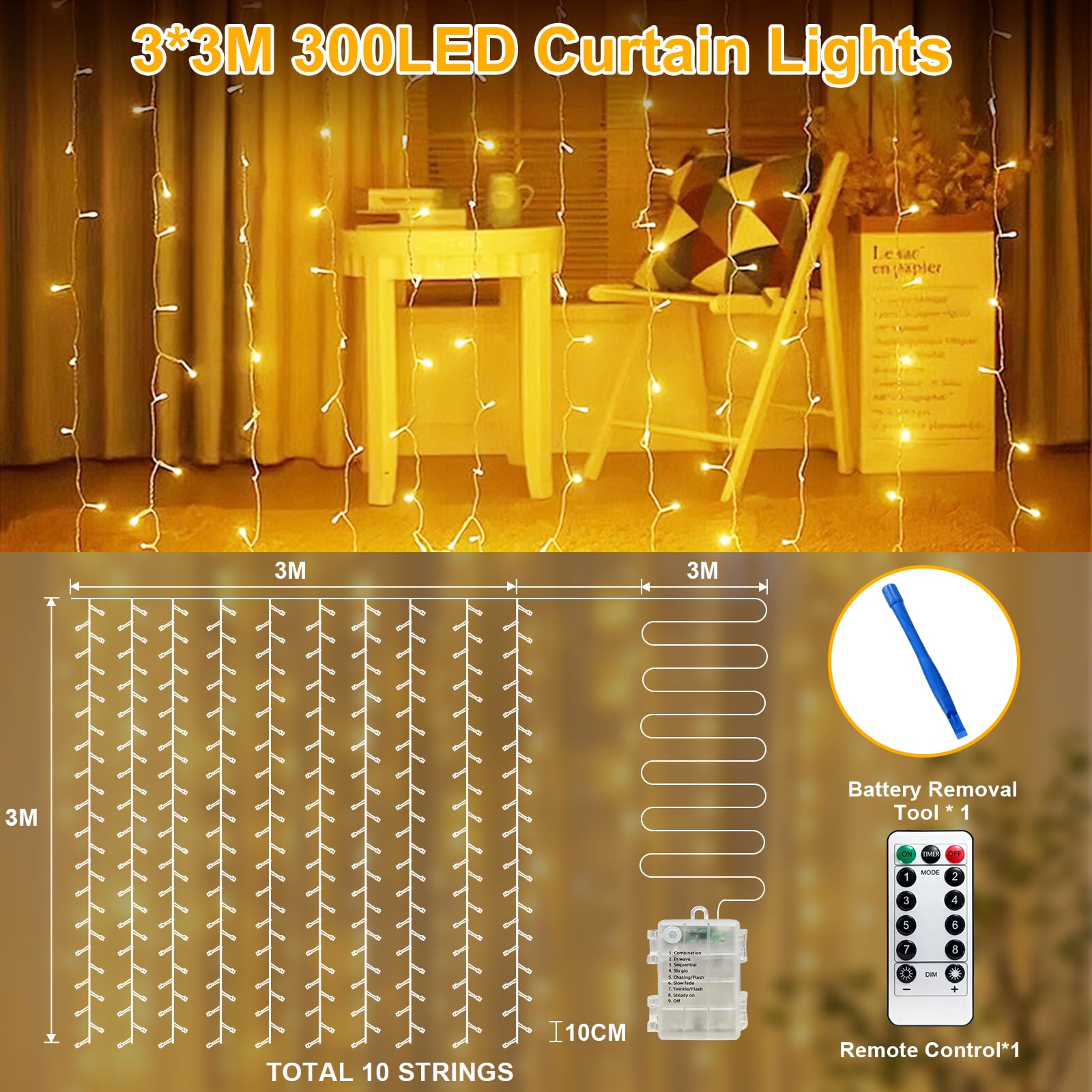 Rideau lumineux de 3 x 3 m - 300 LED - 8 modes - Avec minuterie et télécommande - Étanche - Pour fenêtre intérieure et extérieure - Blanc chaud