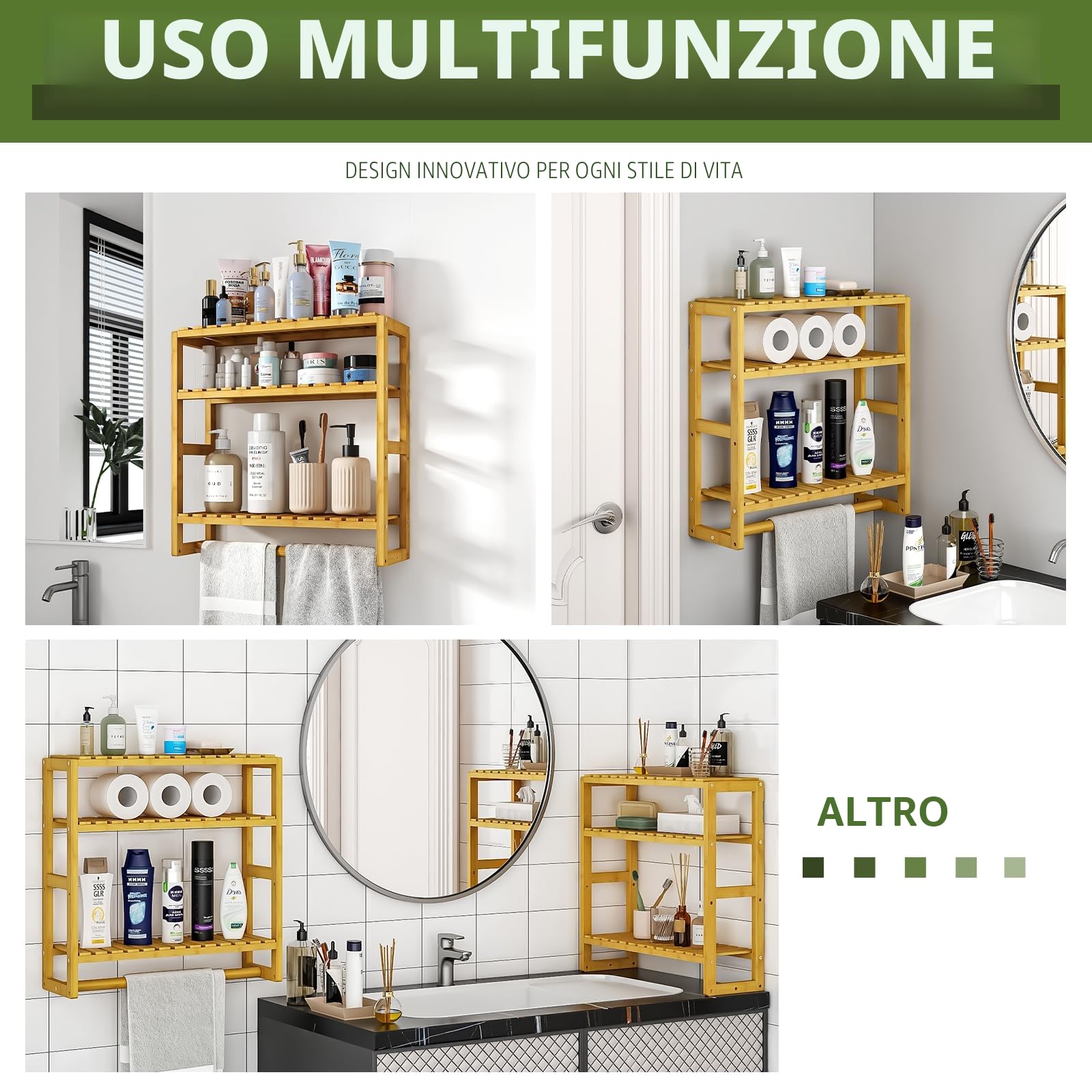 Bamworld Organizer da bagno Mensole Bagno Scaffale bagno Mensola Naturale Bambù Mensole Bagno a Parete Salvaspazio (Marrone Chiaro) (41x15x42cm)