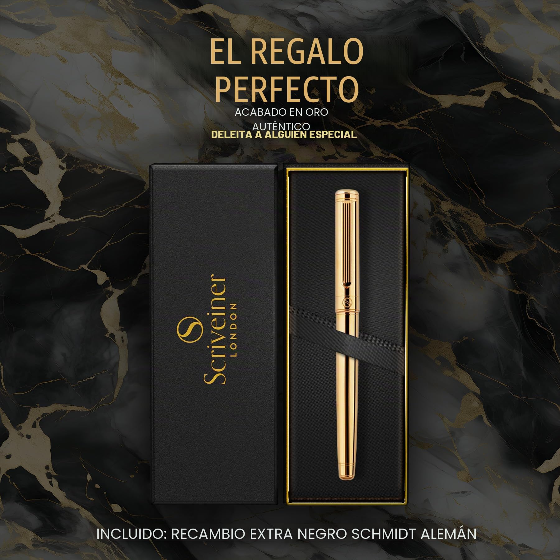 Scriveiner Rollerball Pen Bolígrafo Roller de Gama Alta con Acabado en Chapado en oro auténtico, Recambio Schmidt, Regalo Hombres y Mujeres, Bolígrafos Profesionales de Diseño (Oro)