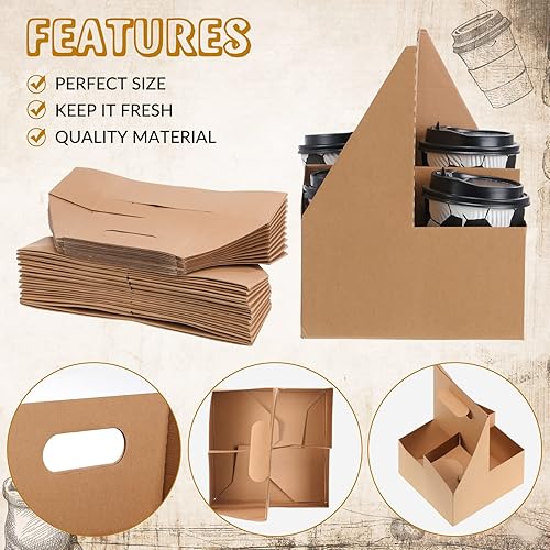 Miniatura 4 de Sherr Paquete de 60 portadores de bebidas de papel kraft de 4 tazas con asa con capacidad para hasta 20 onzas, portavasos, cartón, desechables, para