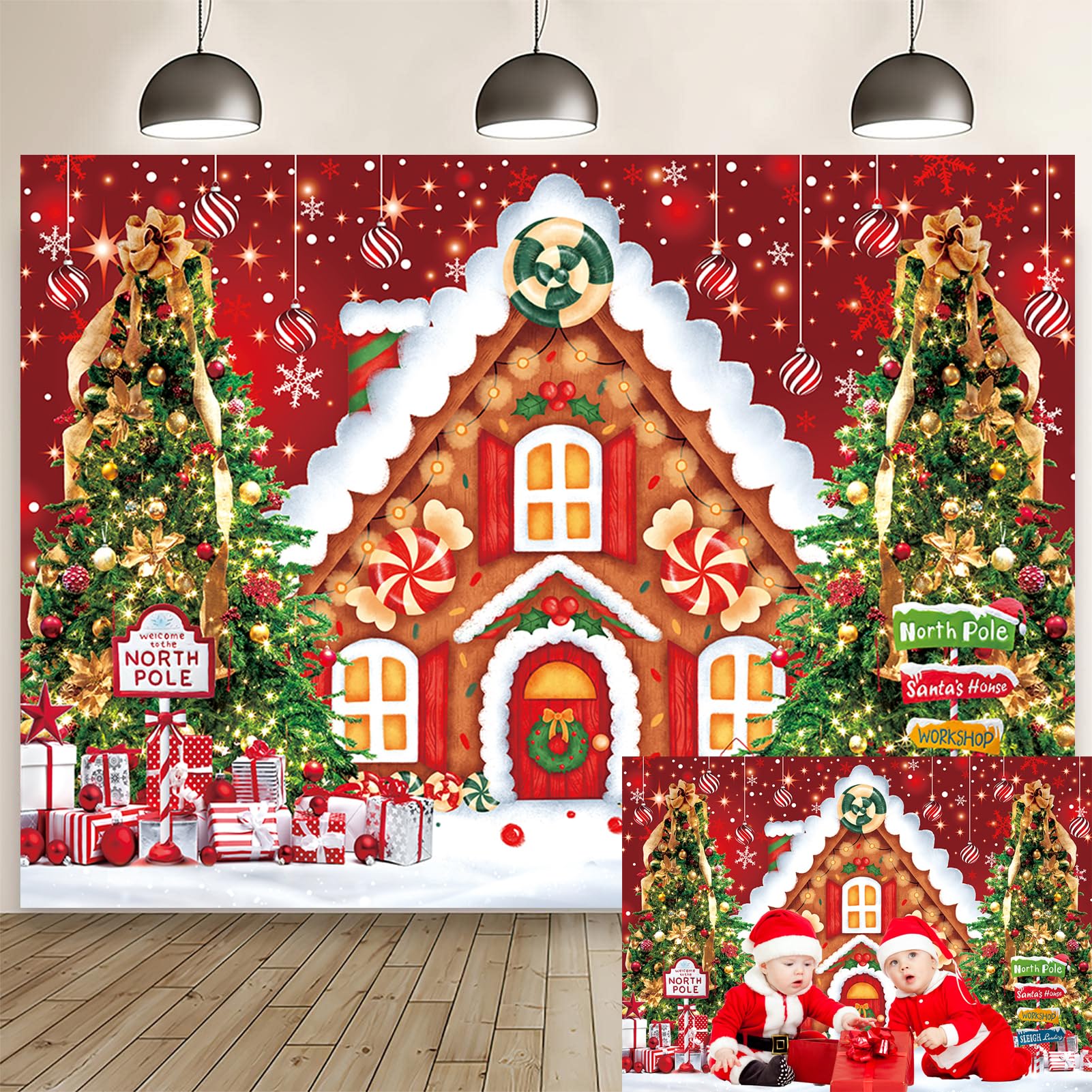 nsy Christmas Gingerbread House Backdrop Glitter Cookie Exchange Candyland Winter Snowflake Photography Background for Kids Birthday Party Decor (6X4FT(180x120cm))
